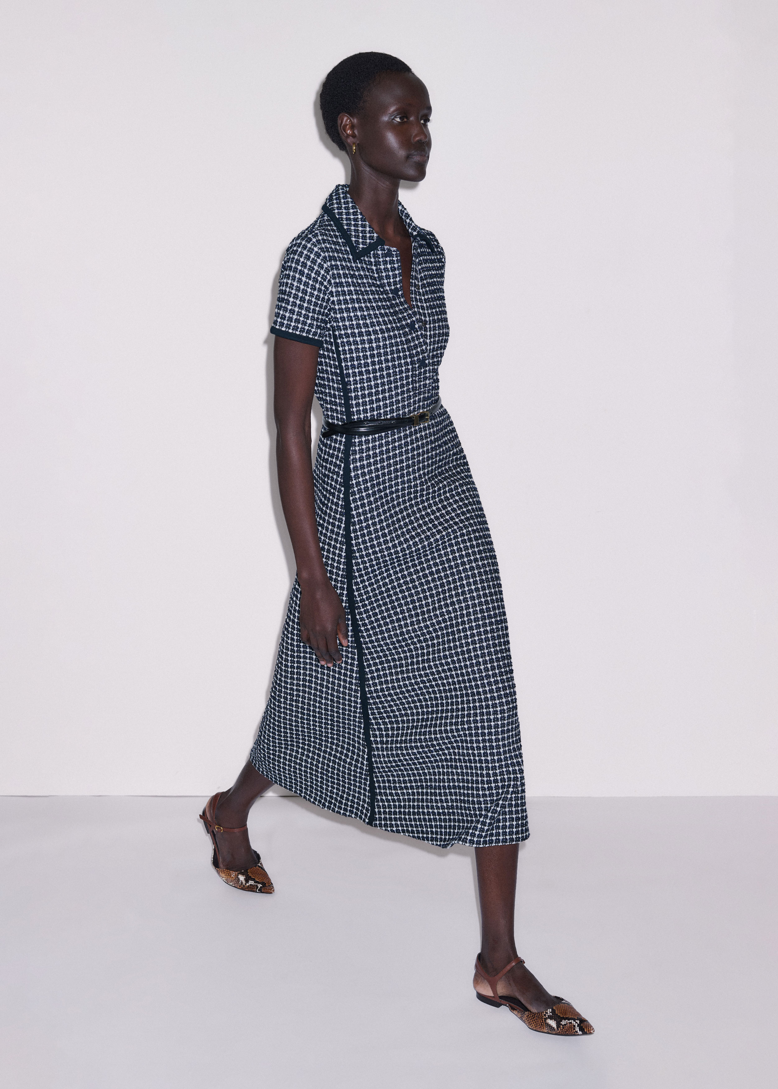 【サイズ3】POTTERY SHORT SLEEVE MINI DRESS Women's Navy Textured Short Sleeve Mini Dress | ME+EM