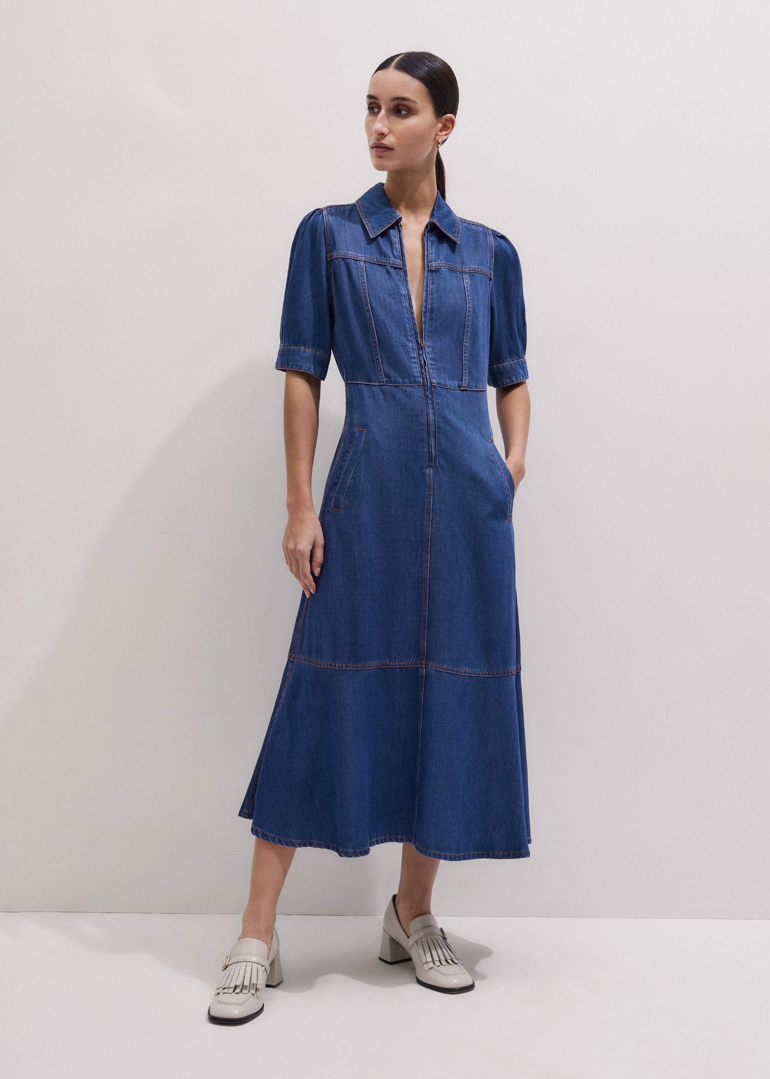 Women's Blue Panelled Fit + Flare Midi Dress | ME+EM
