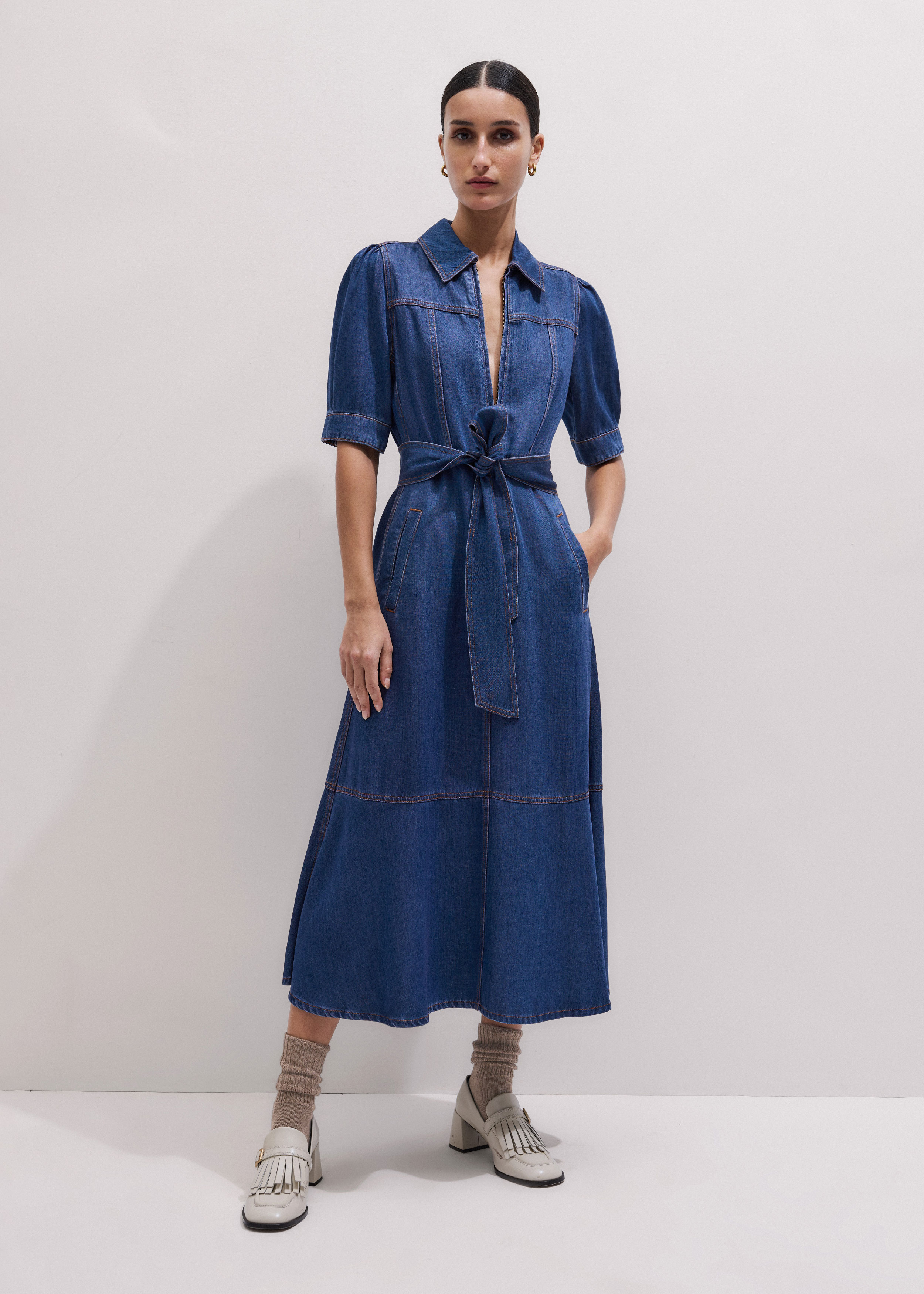 Women's Blue Fluid Fit + Flare Midi Dress + Belt | ME+EM
