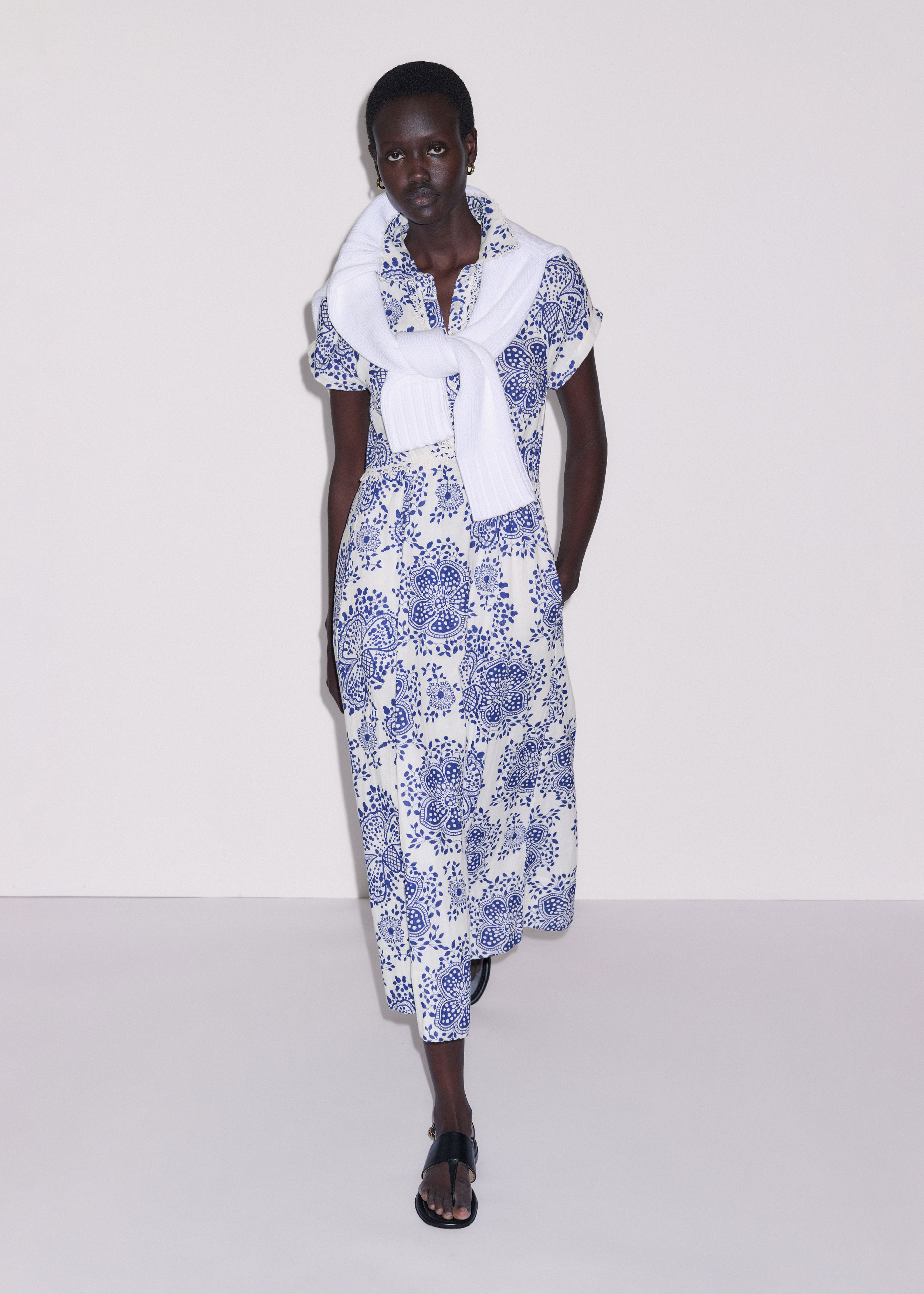 Women's White Cheesecloth Fit + Flare In-Full-Bloom Print Midi Dress | ME+EM