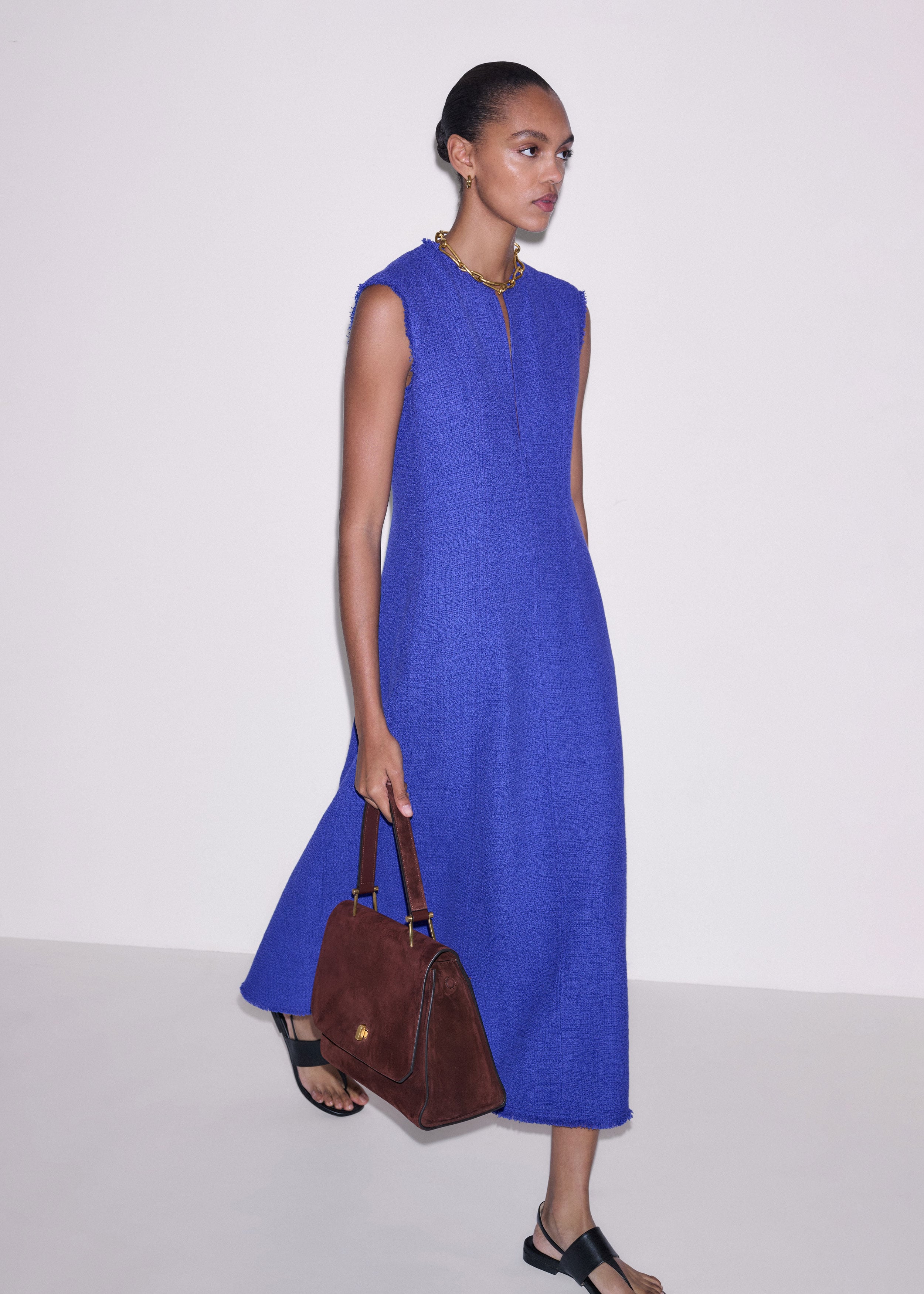 Women's Cinnamon V-Neck Smocked Skirt Mixed Media Maxi Dress | ME+EM