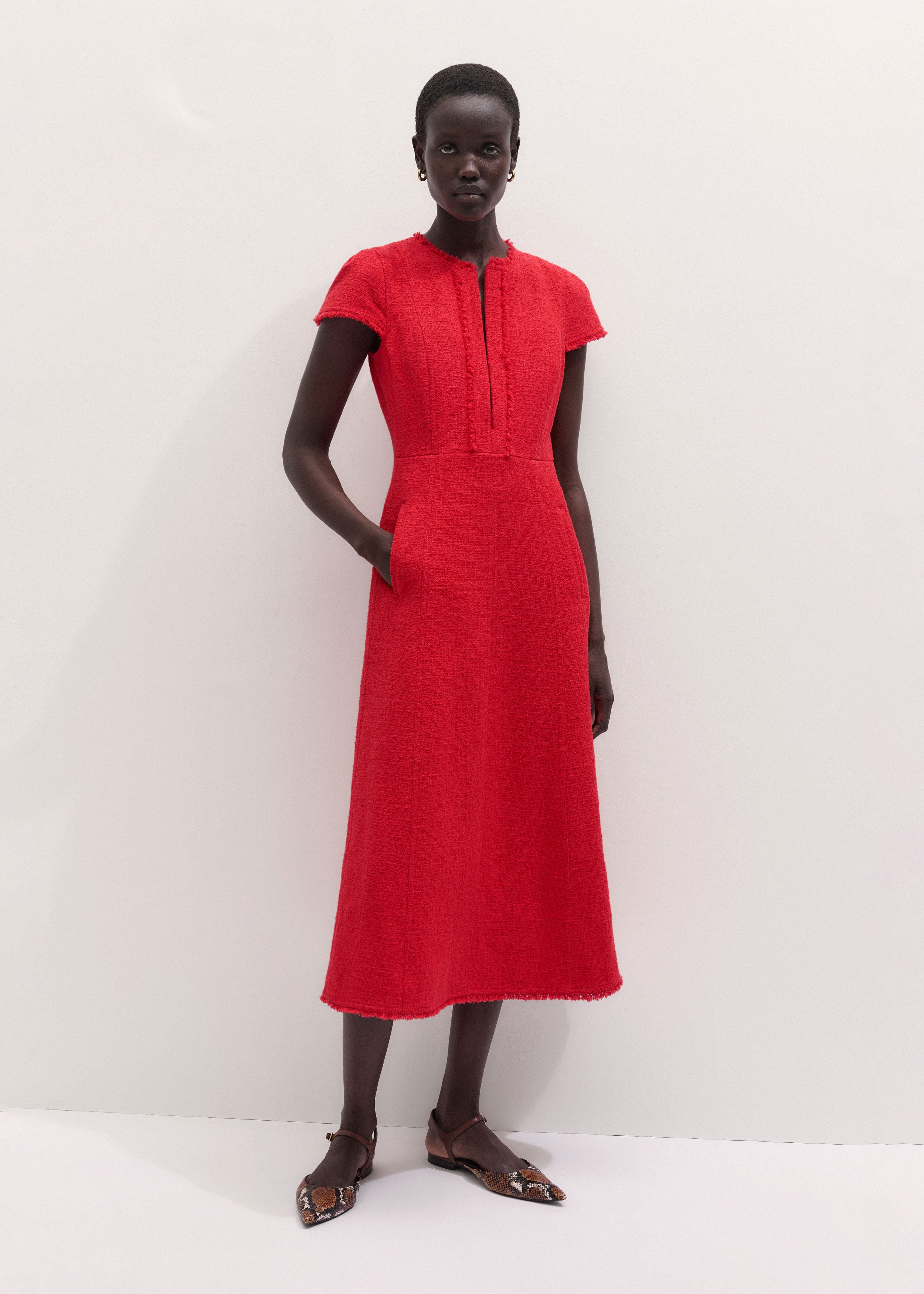 Women's Red Fringe Detail Fit + Flare Midi Dress | ME+EM