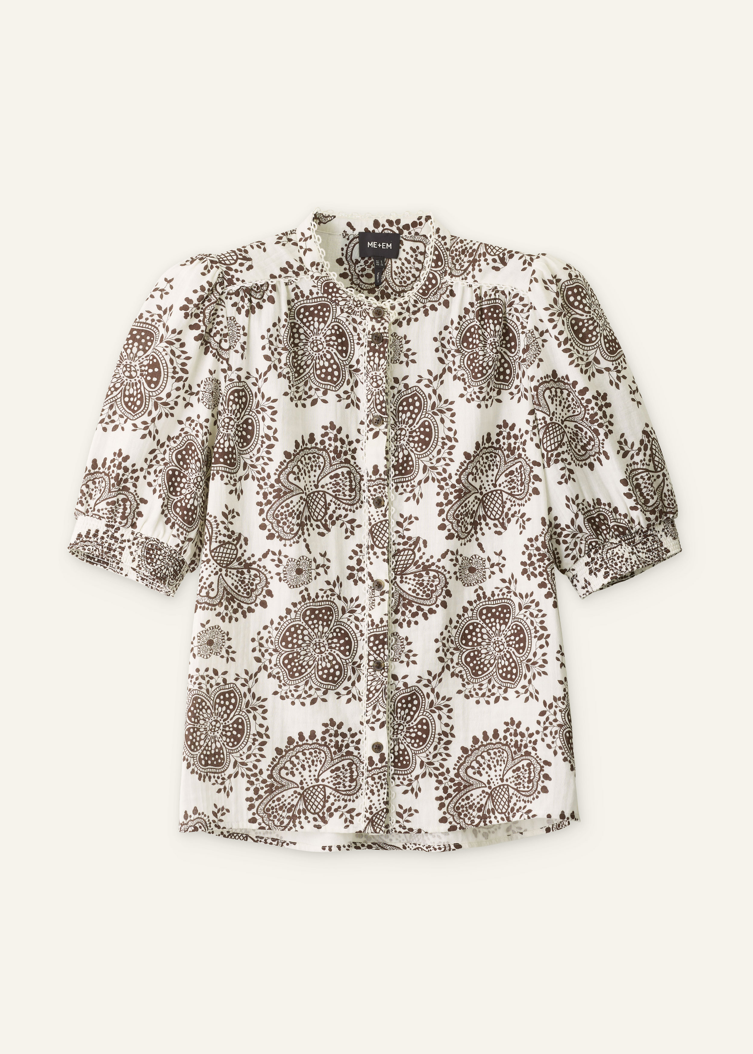 ME+EM Women's White Cheesecloth Blouse – Shirred Cuff, Short Sleeve, RRP £75 (Slight Defect)