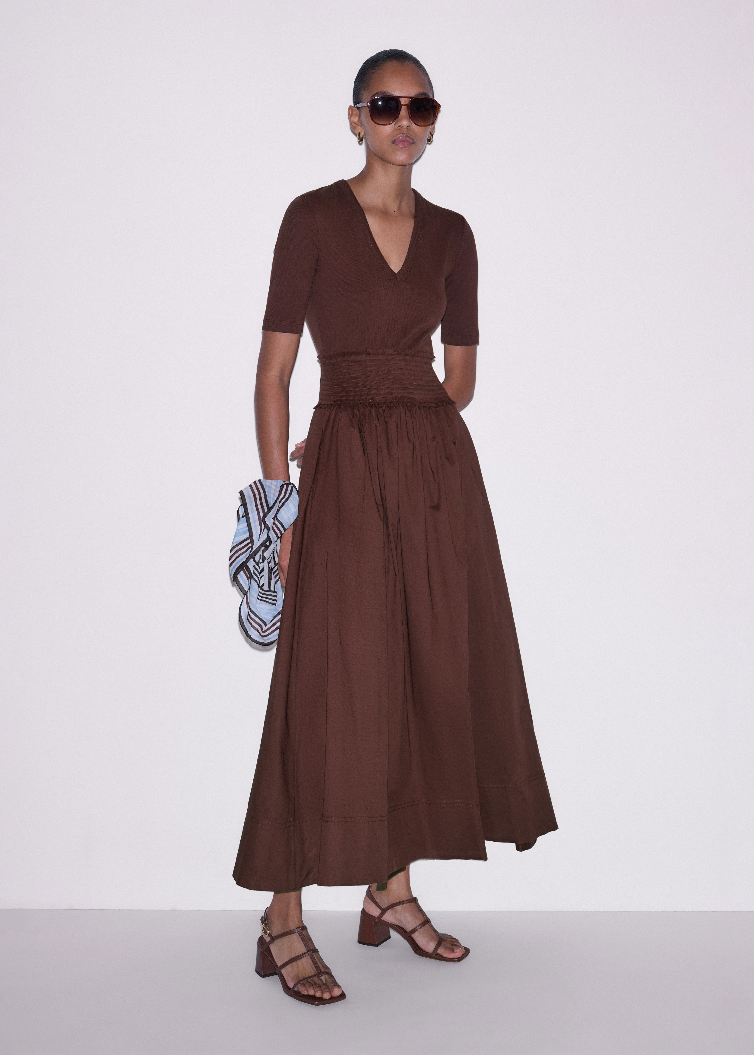 Me+em Polo-collar Belted Cotton Midi Dress - Brown/light Cream