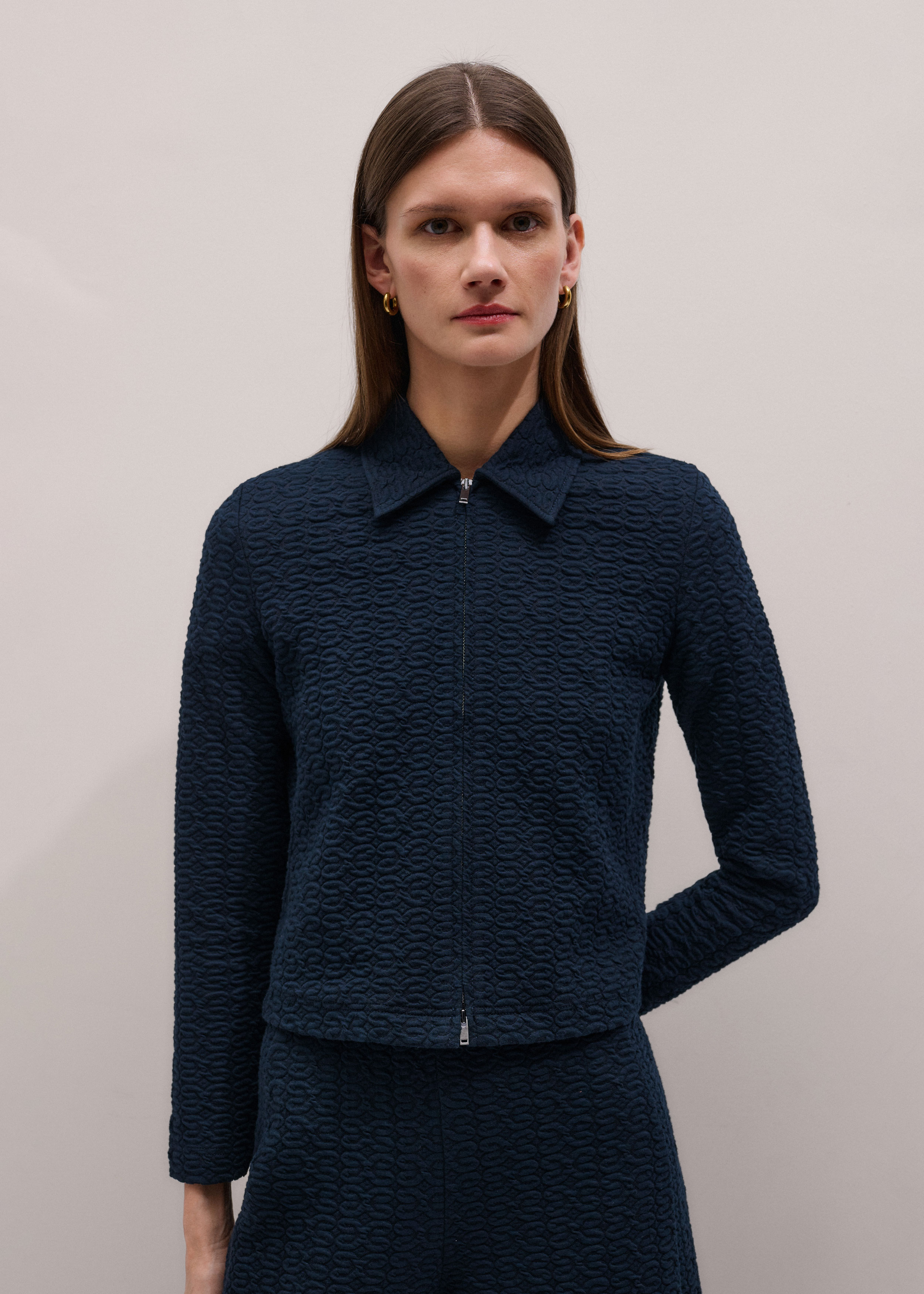 Women's Navy Curling Crosses Jacquard Textured Zip Top | ME+EM