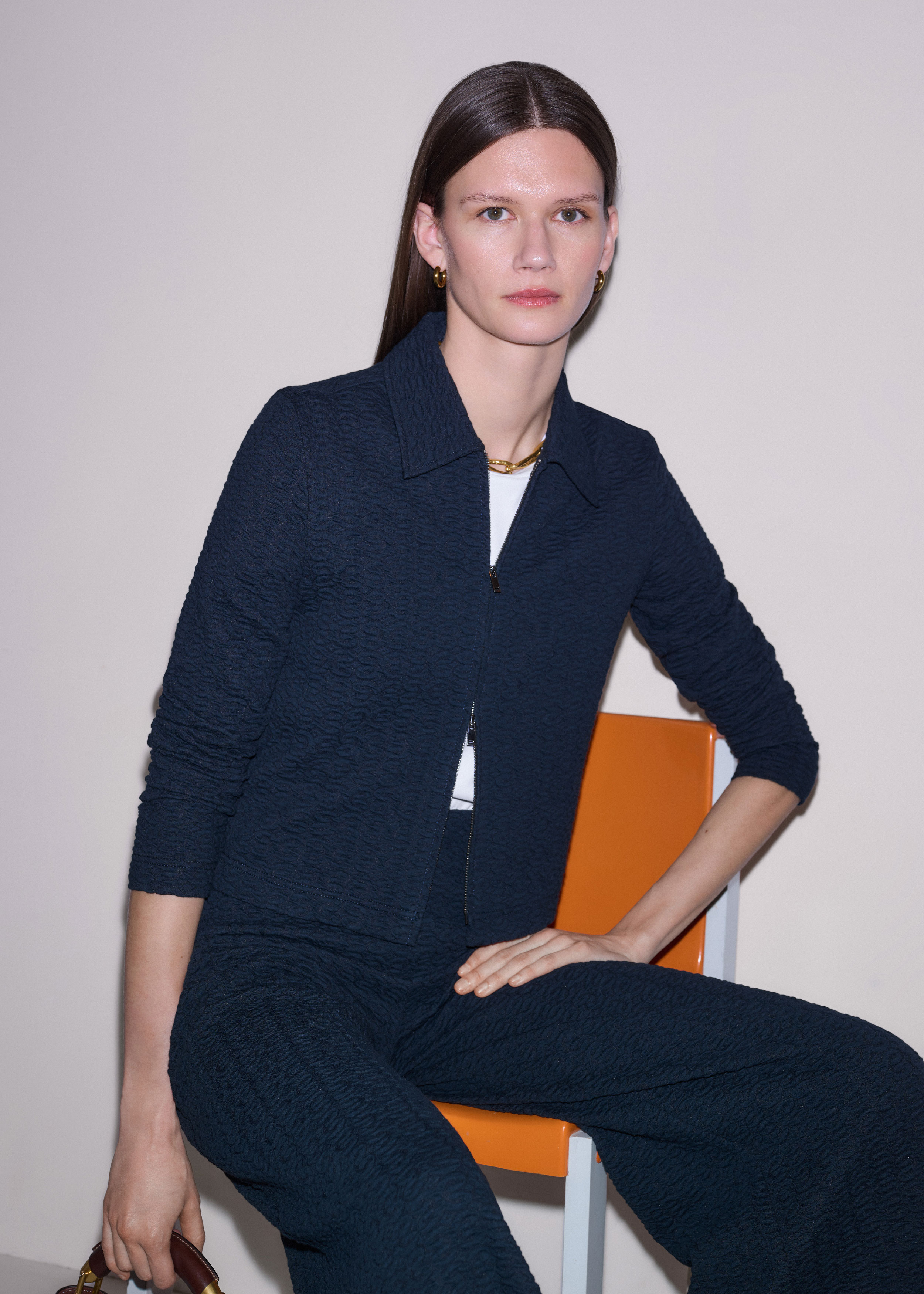 Women's Navy Curling Crosses Jacquard Textured Zip Top | ME+EM