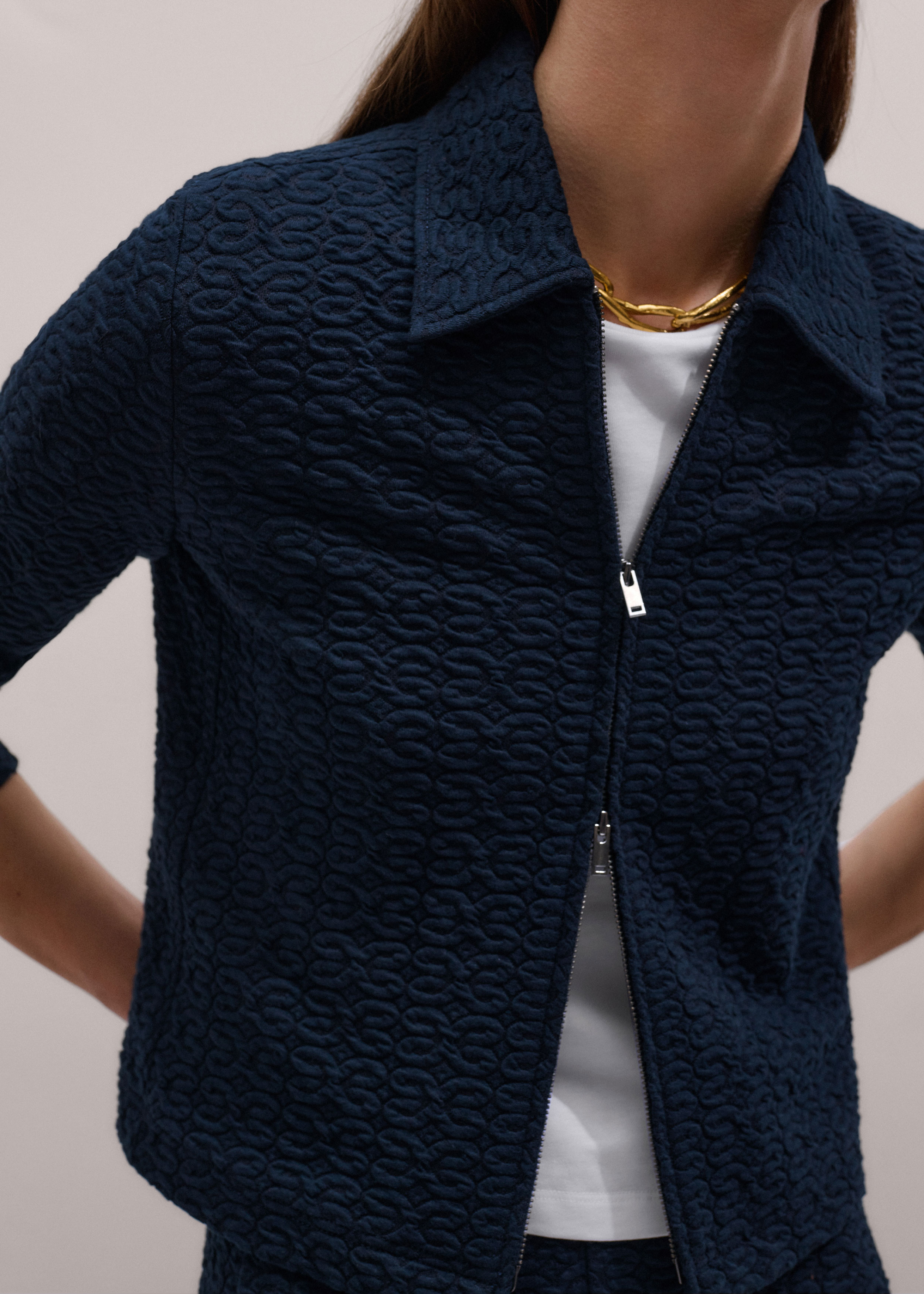 Women's Navy Curling Crosses Jacquard Textured Zip Top | ME+EM