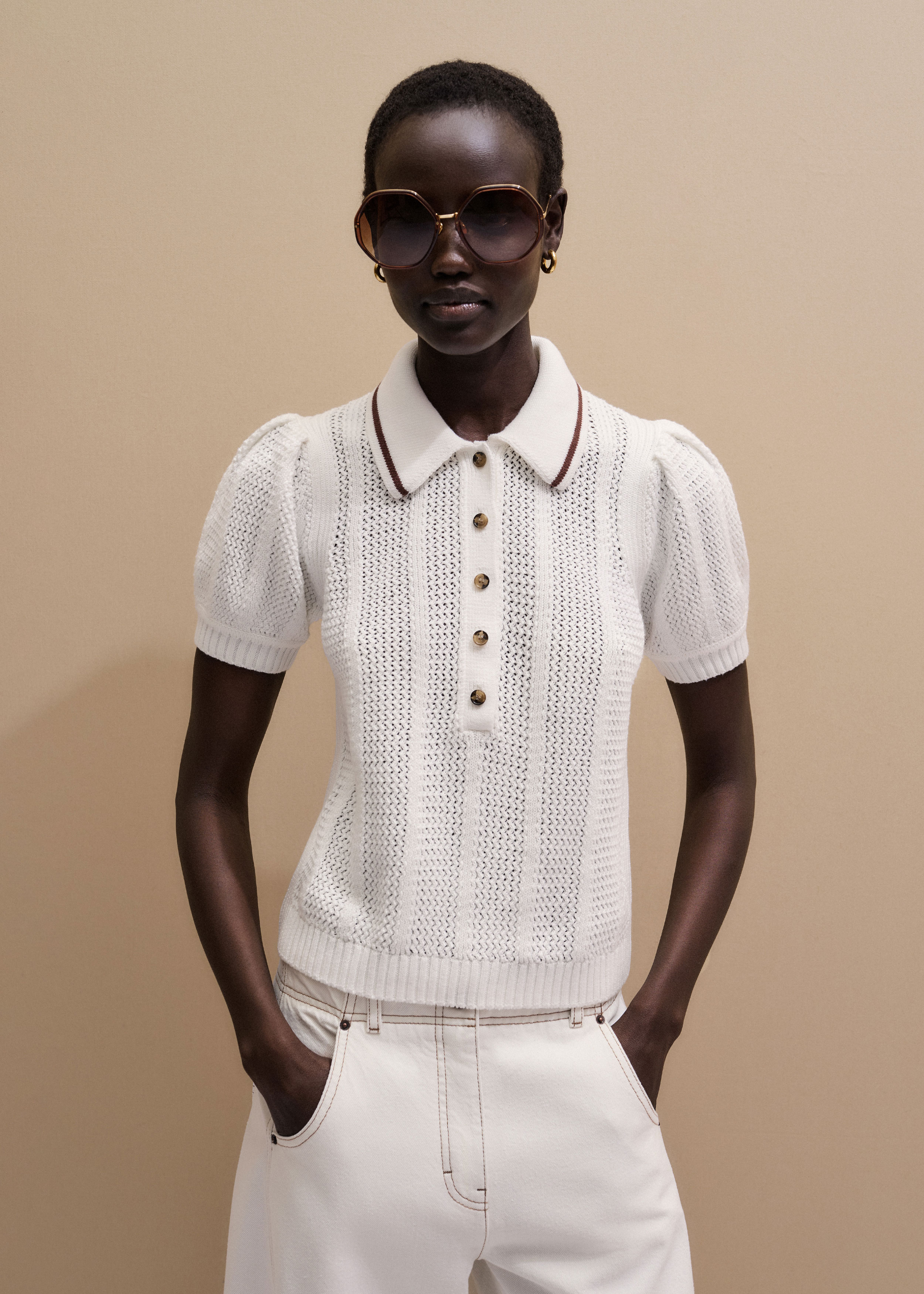 Women's Cream Pointelle Pouf Sleeve Sporty Smart Polo Top | ME+EM