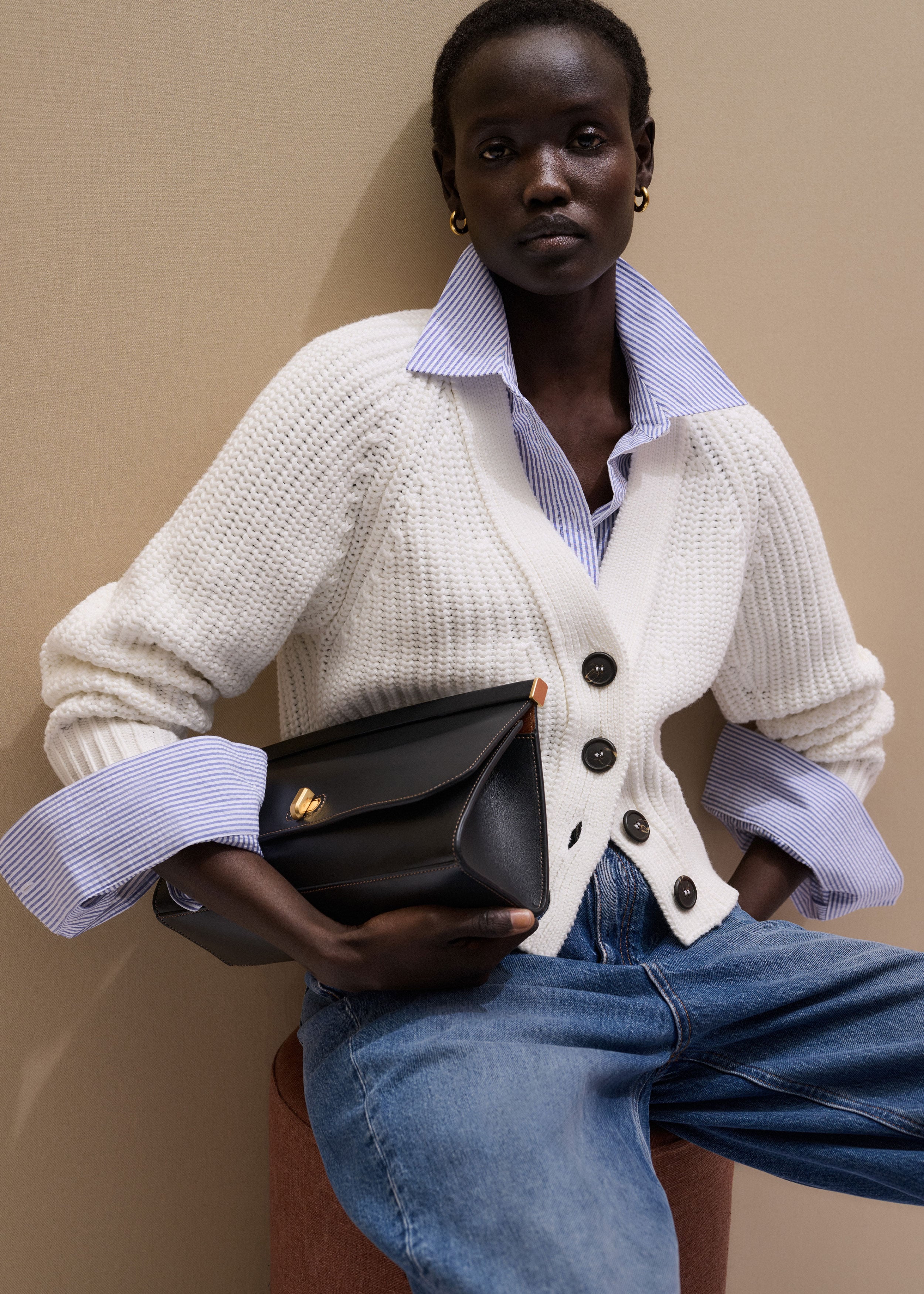 Women's Cream Tweed Knit Pouf Shoulder Textured Crop Jacket | ME+EM