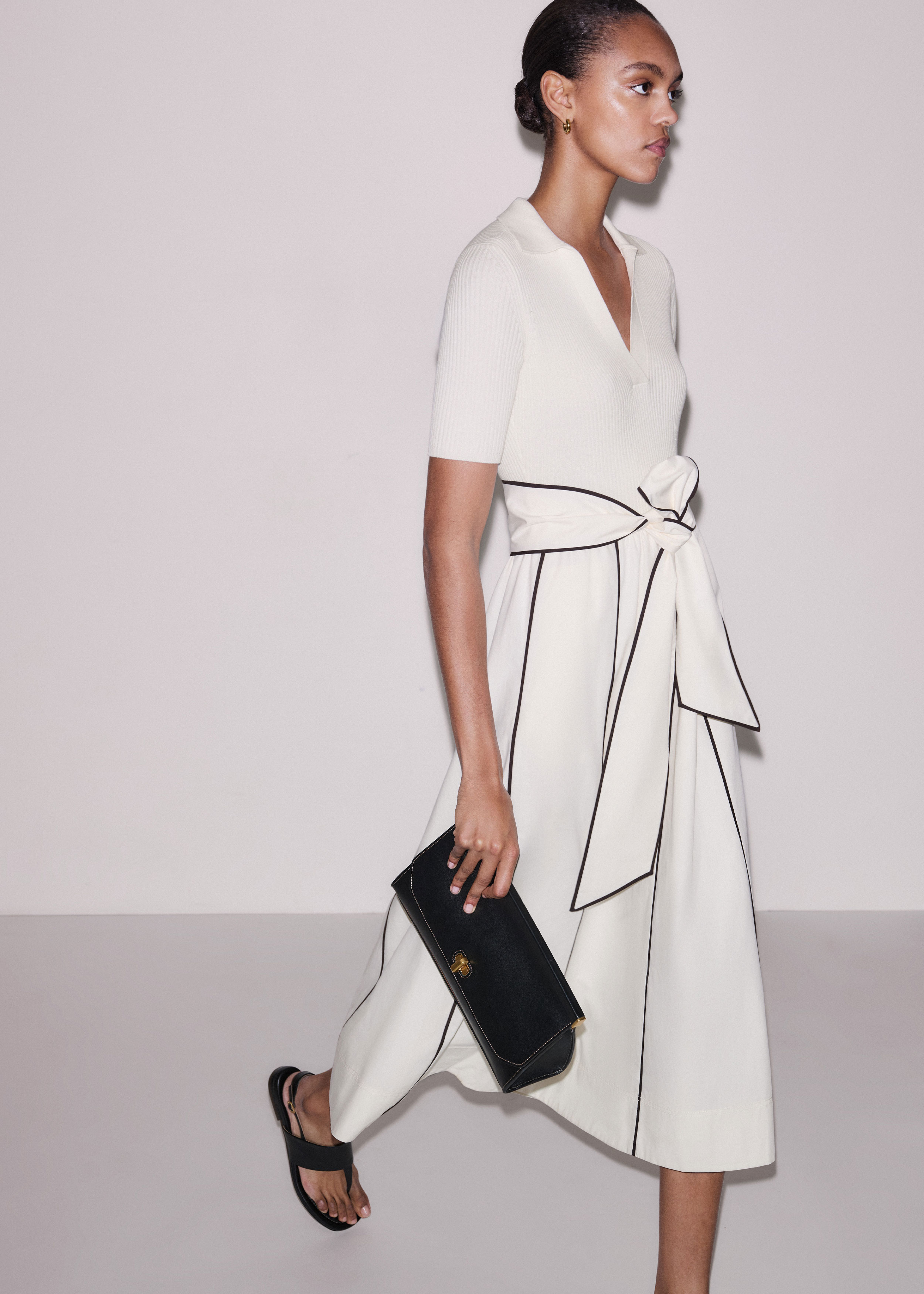 belted mixed media flare dress ME+EM Polo-Collar Belted Midi Dress