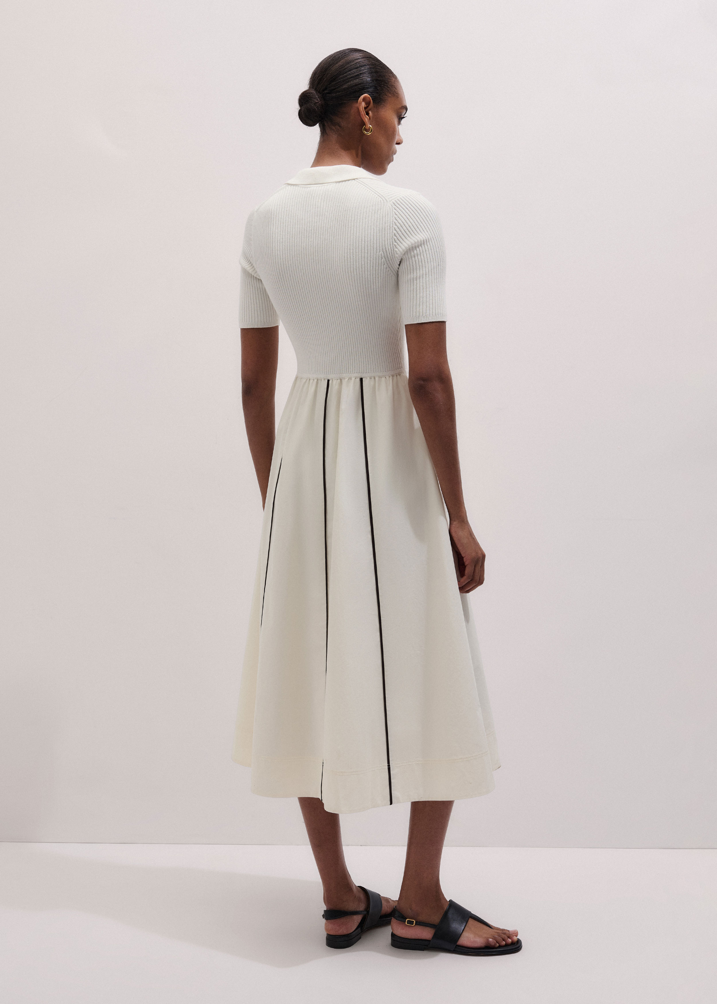 Women's Cream Mixed Media Fit And Flare Midi Dress + Belt | ME+EM Women's Cream Mixed Media Fit And Flare Midi Dress + Belt | ME+EM