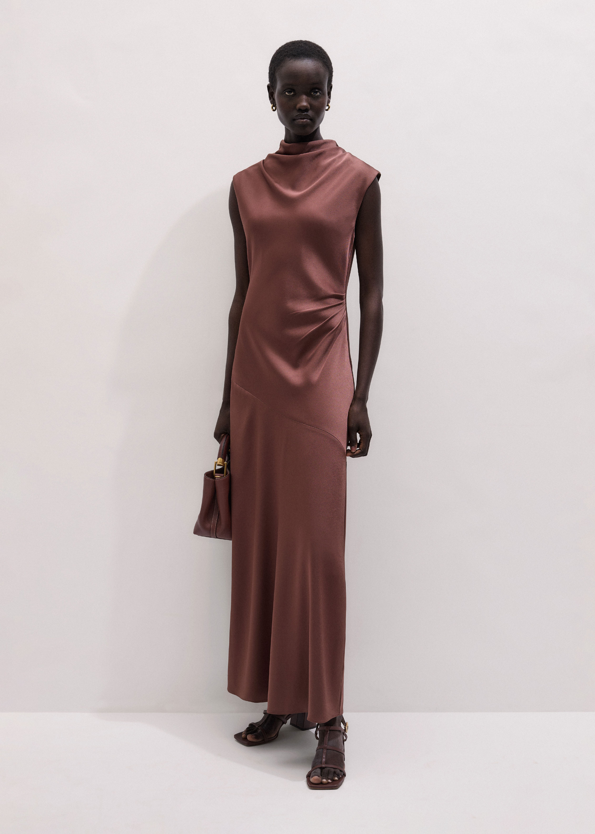 brown bias cut dress 1930S Russet Brown Bias Cut Rayon & Lurex Crepe Gown With Schiaparelli Style Brass Leaves Belt main image 1