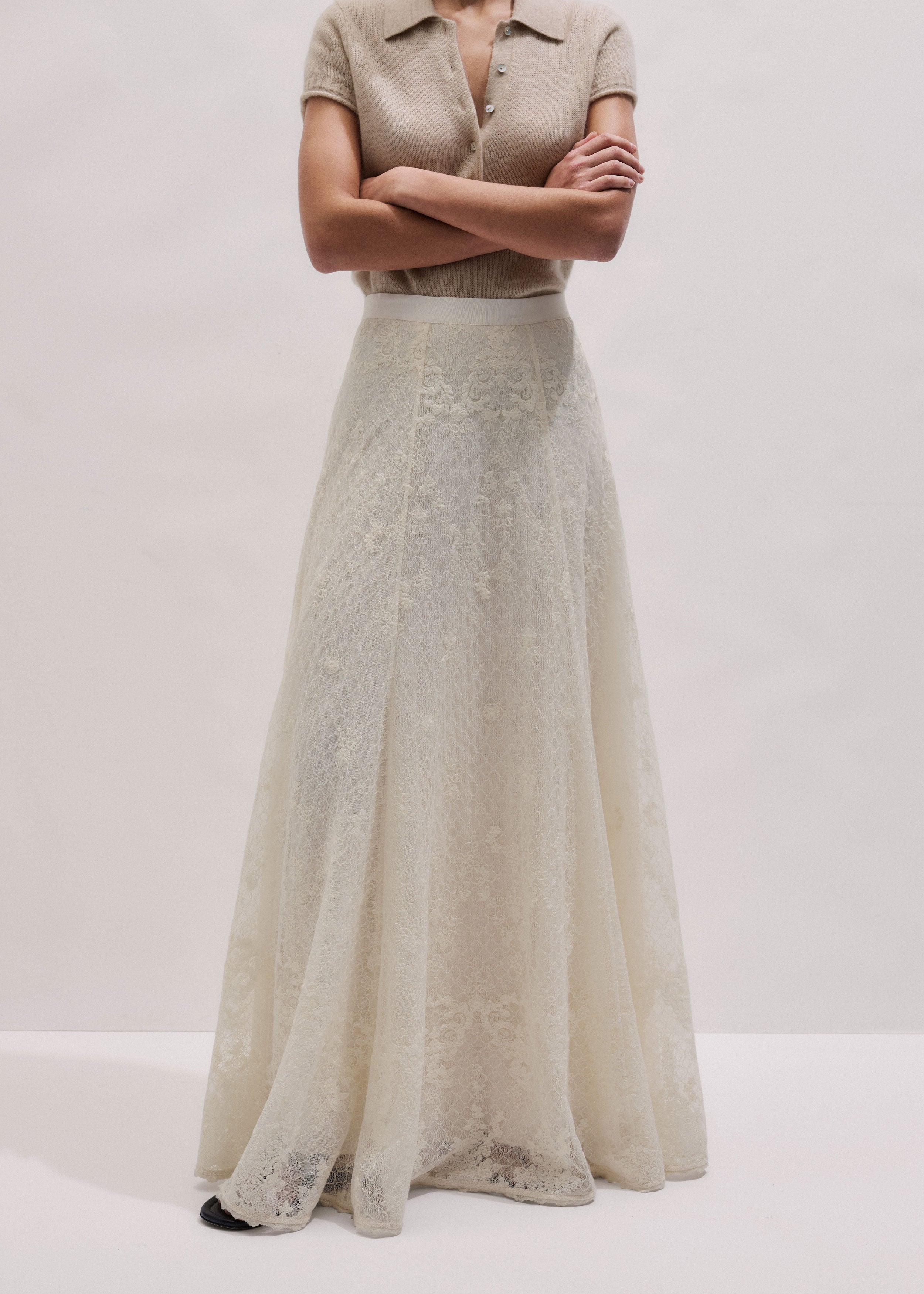 Women's Cream Embroidered Tulle A-Line Maxi Skirt | ME+EM Women's Cream Embroidered Tulle A-Line Maxi Skirt | ME+EM