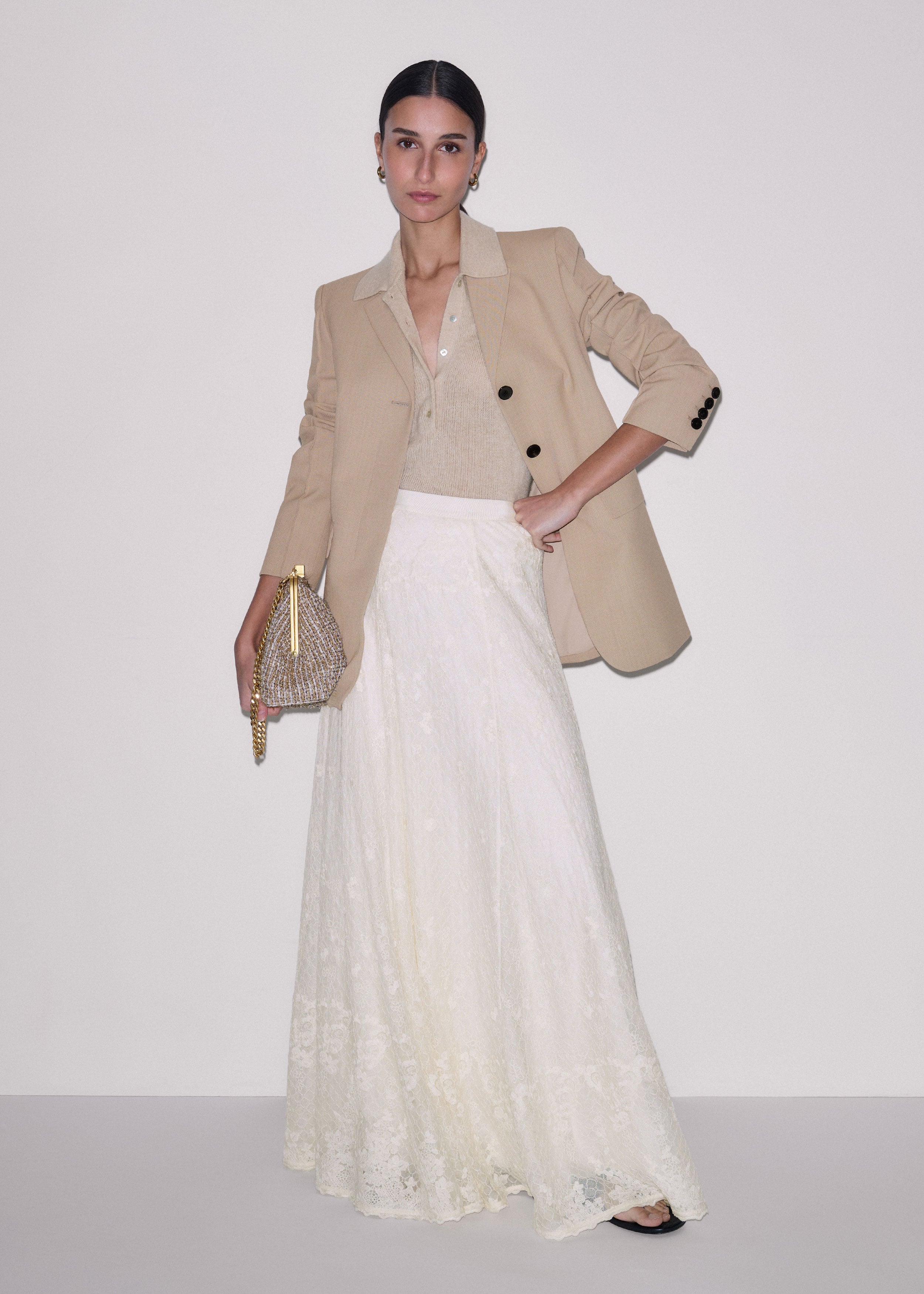 Women's Cream Embroidered Tulle A-Line Maxi Skirt | ME+EM