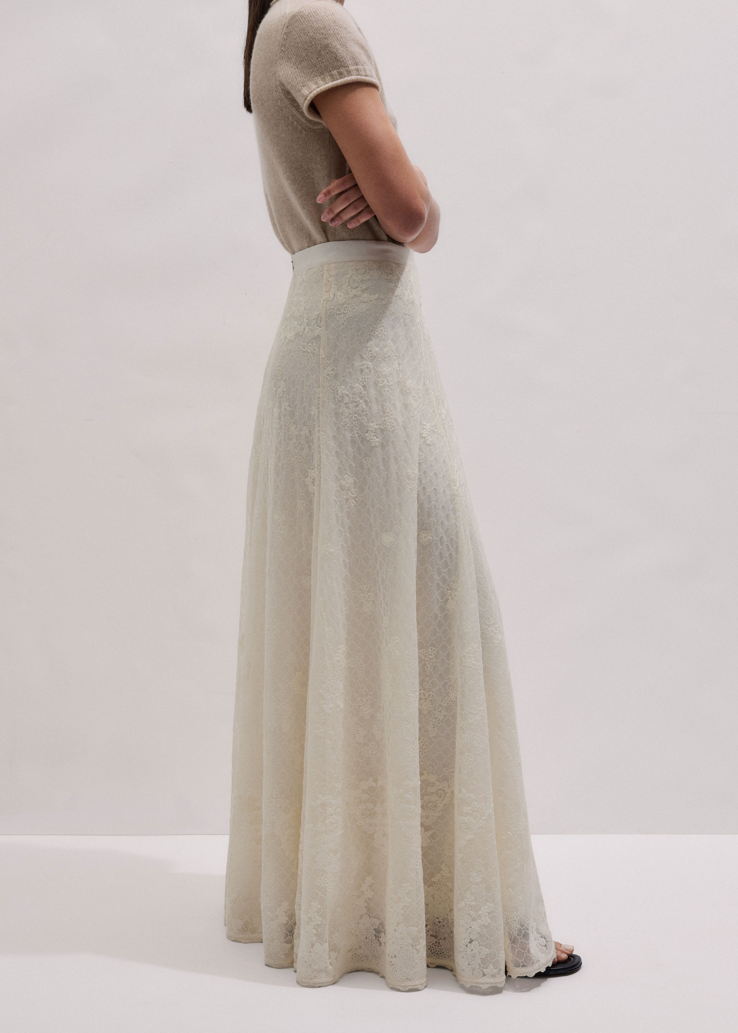 Women's Cream Embroidered Tulle A-Line Maxi Skirt | ME+EM