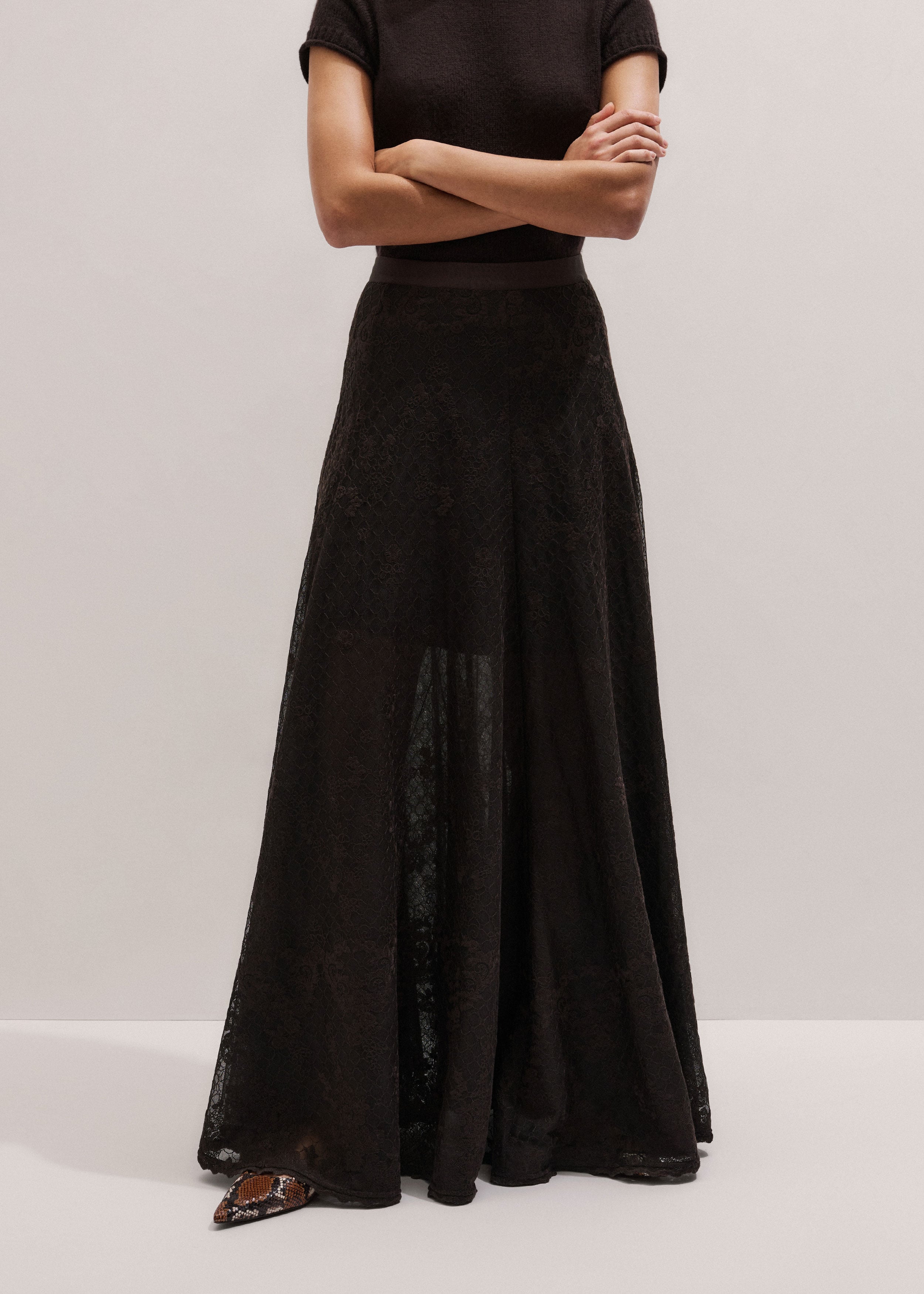 Women's Brown Embroidered Tulle A-Line Maxi Skirt | ME+EM