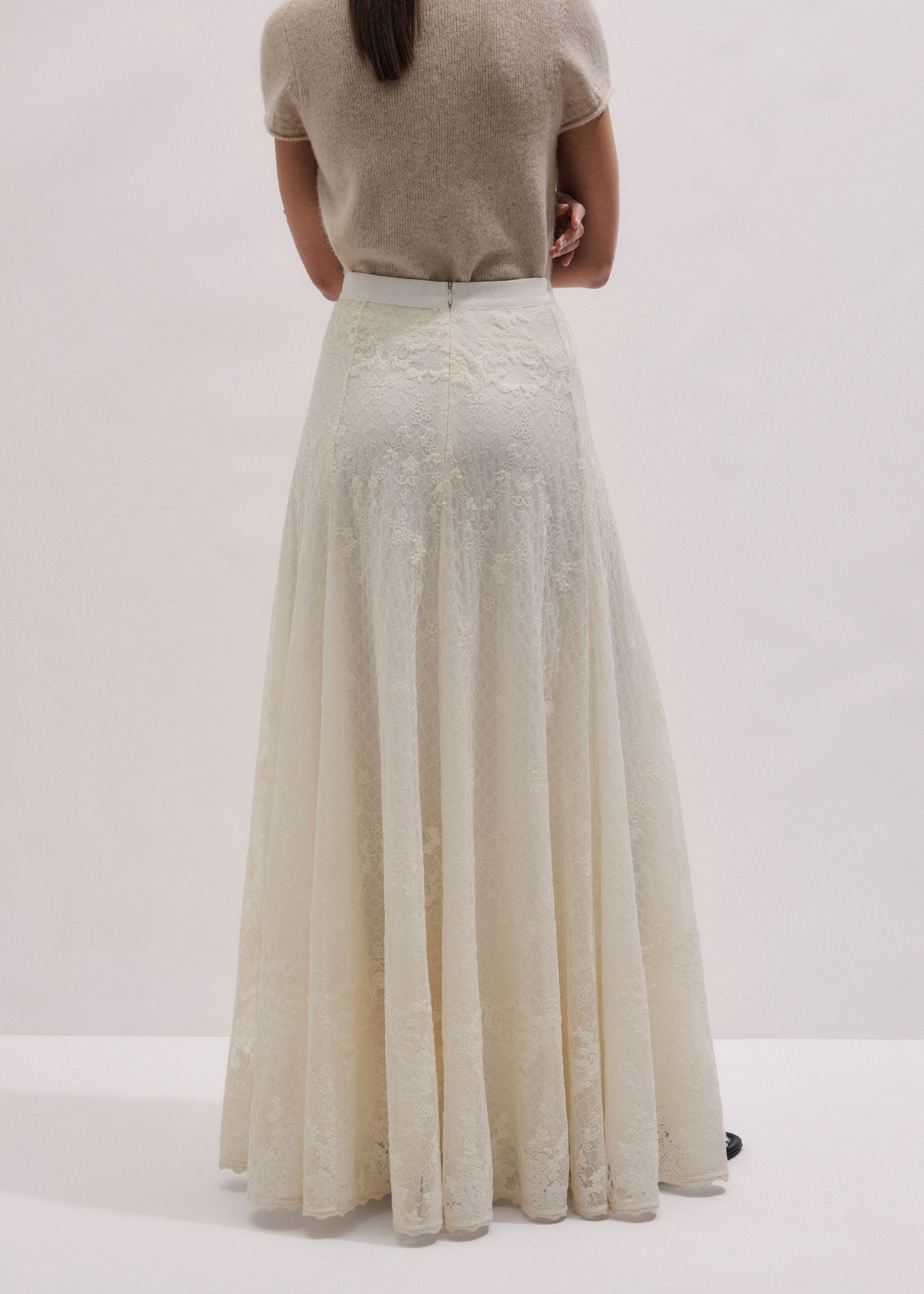 Women's Cream Embroidered Tulle A-Line Maxi Skirt | ME+EM