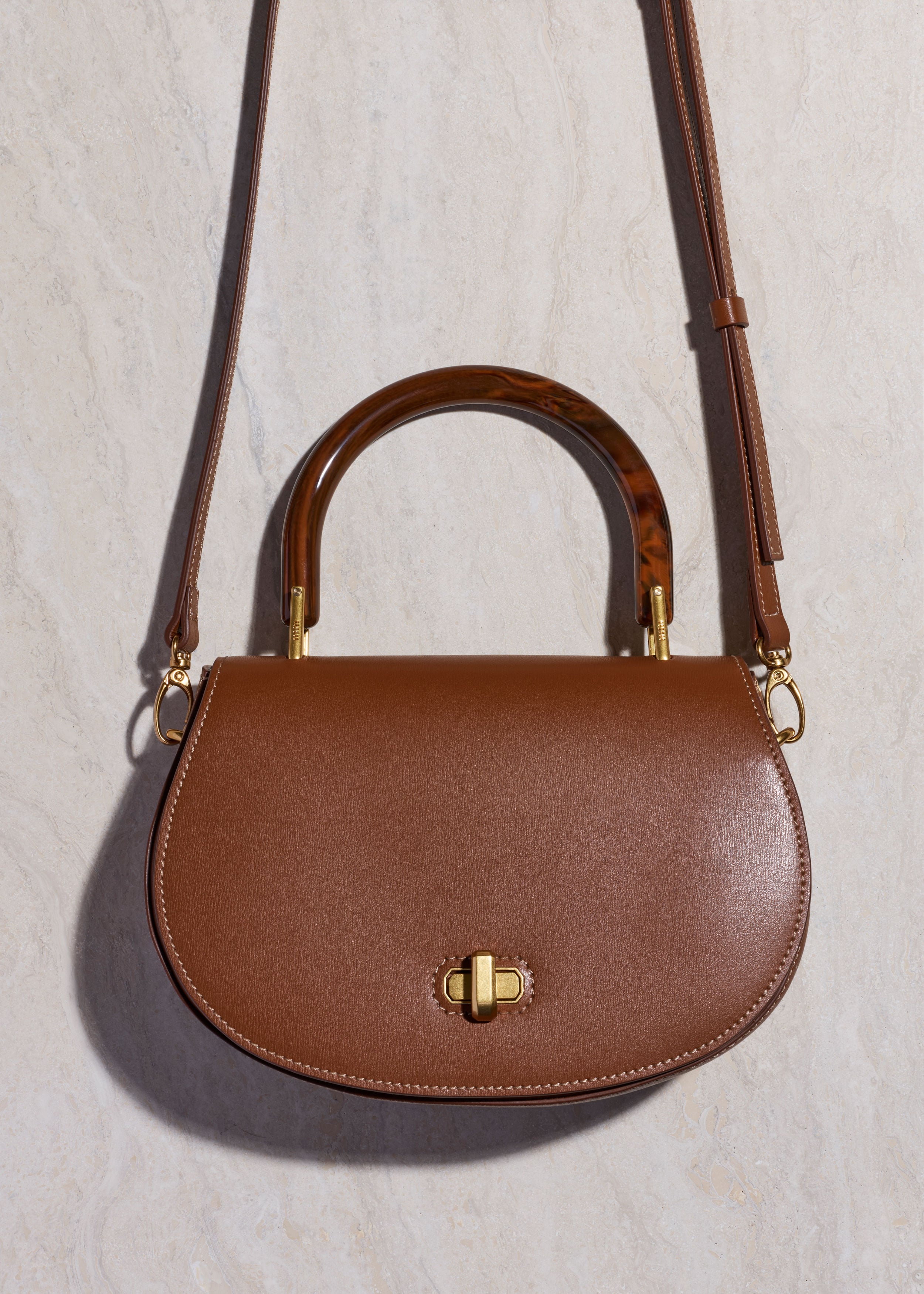 Women's Dark Tan Resin Top Handle Structured Saddle Bag | ME+EM