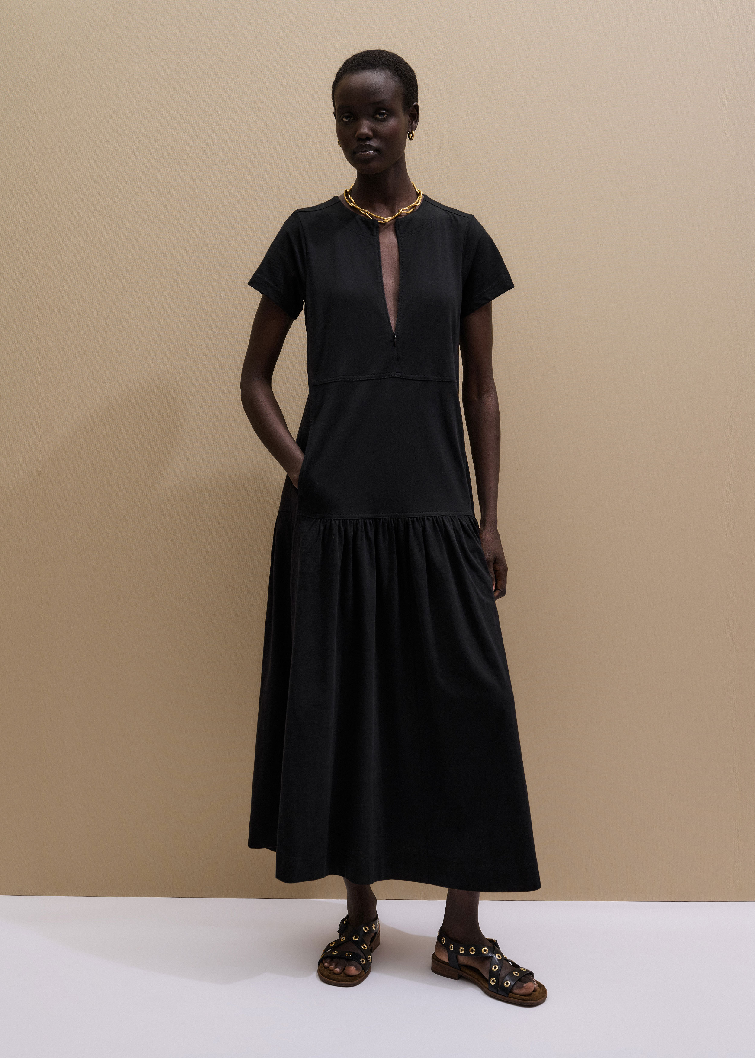 Women's Black A-Line Tiered Maxi Dress | ME+EM