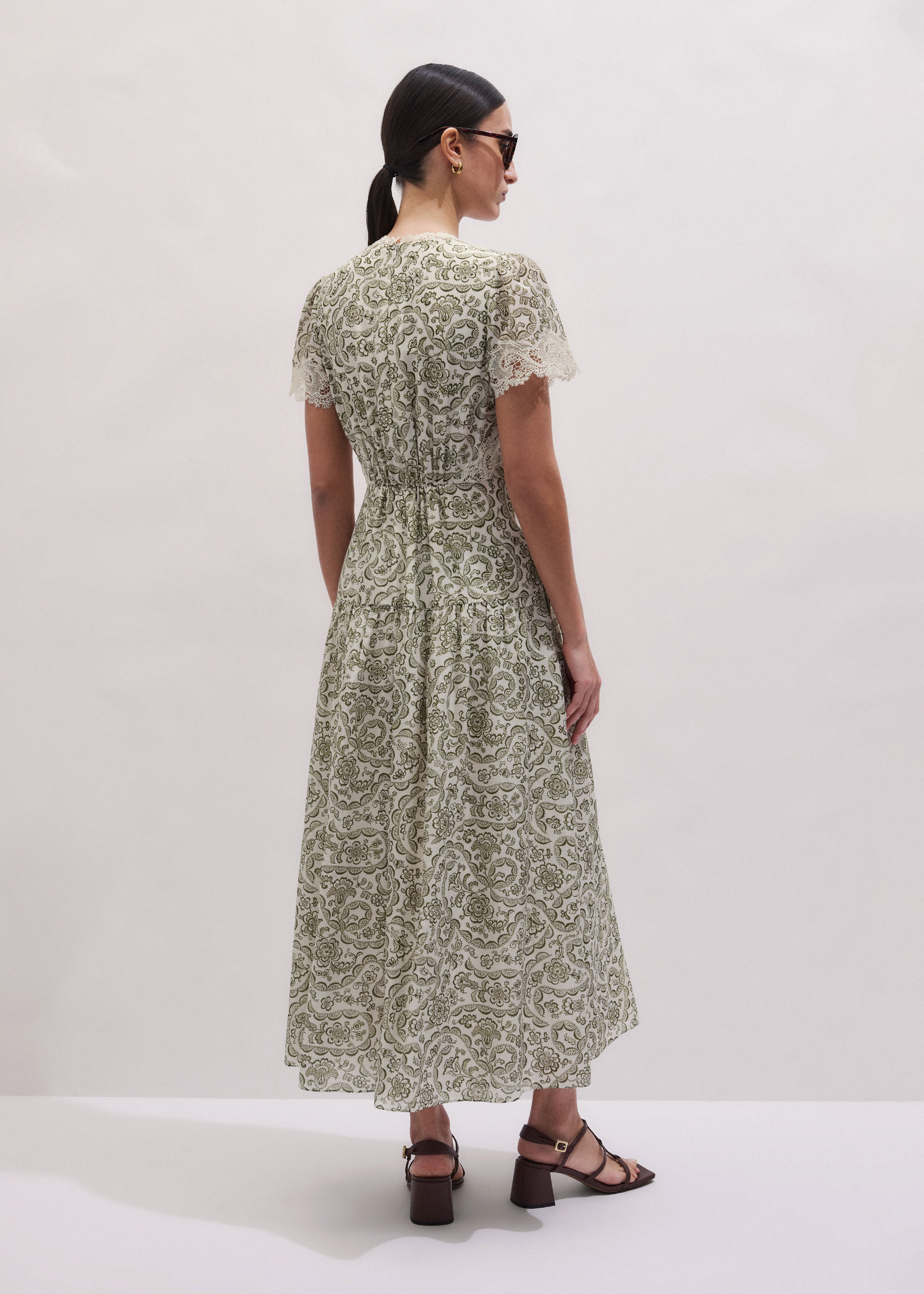 Women's Green Silk Cotton Lace Trim Maxi Dress | ME+EM