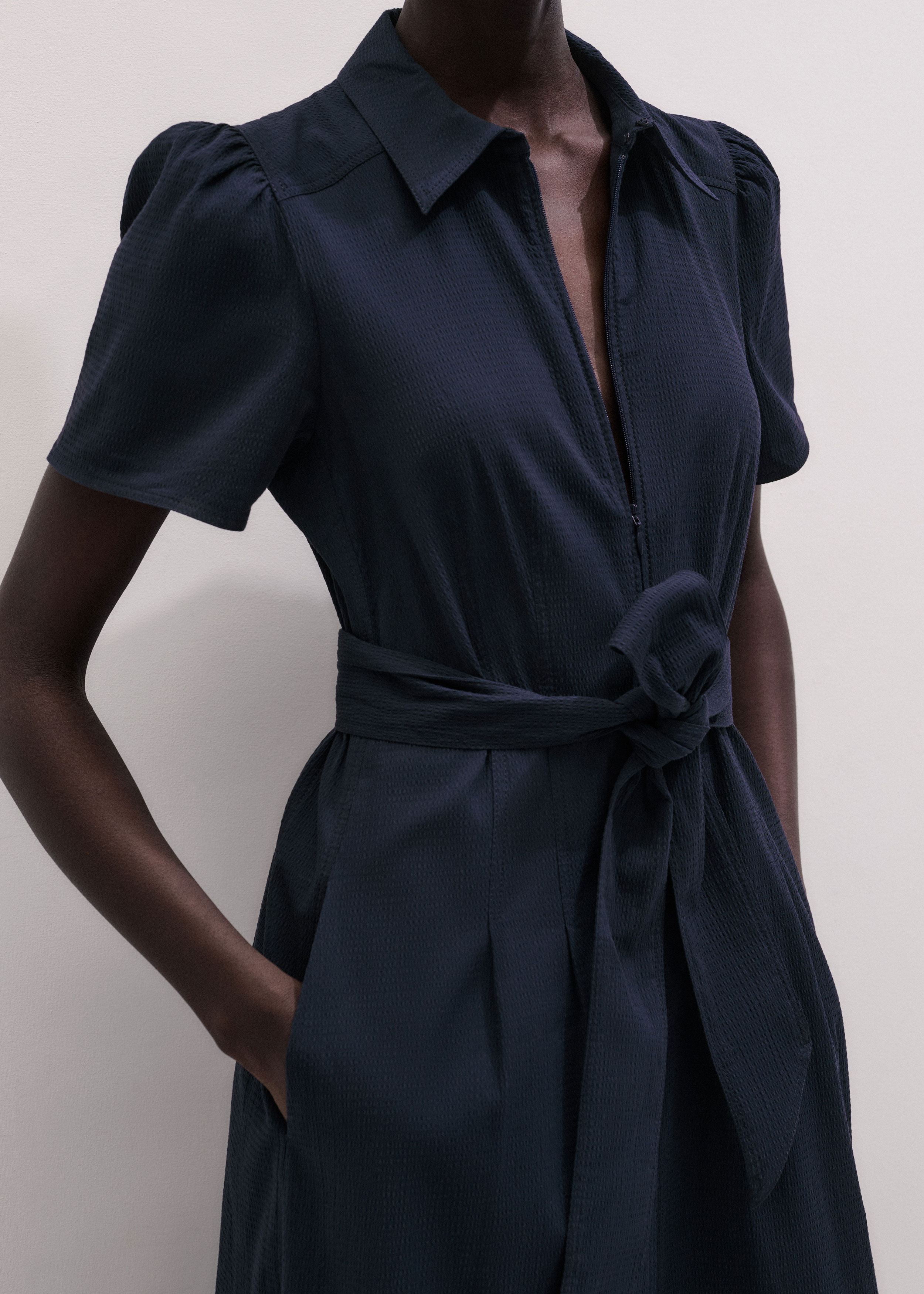 Women's Navy Cotton Seersucker Fit + Flare Midi Dress | ME+EM Women's Navy Cotton Seersucker Fit + Flare Midi Dress | ME+EM