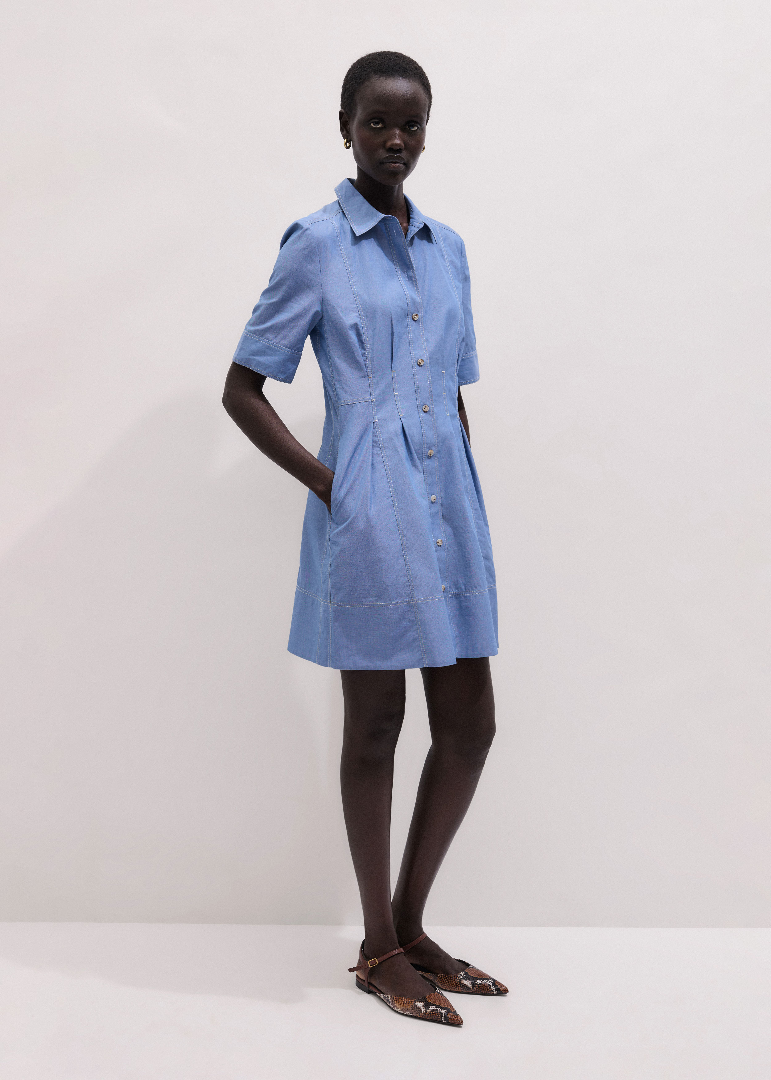 Women's Blue Cotton Chambray Mini Shirt Dress | ME+EM