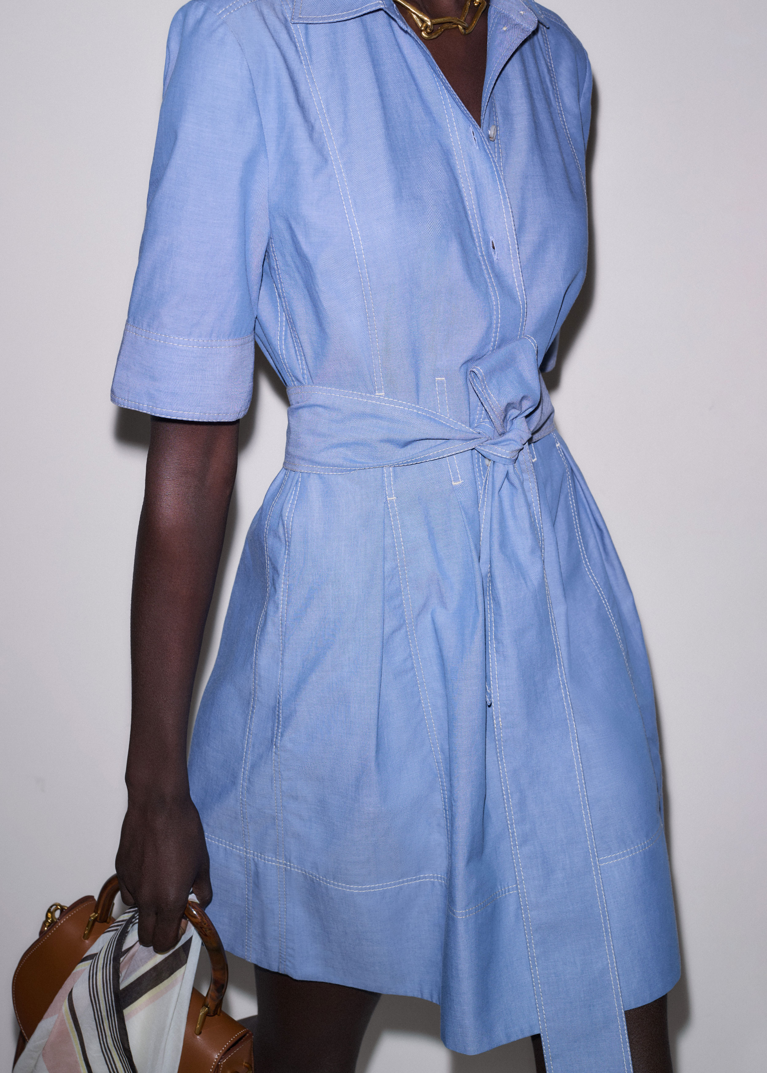 Me+em Cotton Chambray Shirt Dress With Belt - Chambray Blue