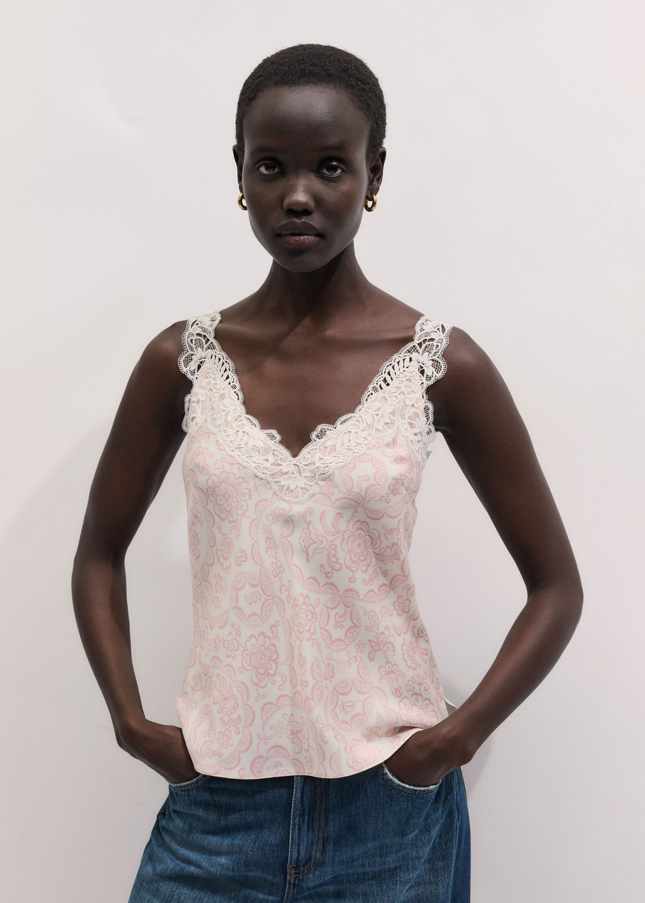 Women's Cream Silk Satin Entangled Lace Trim Cami Top | ME+EM