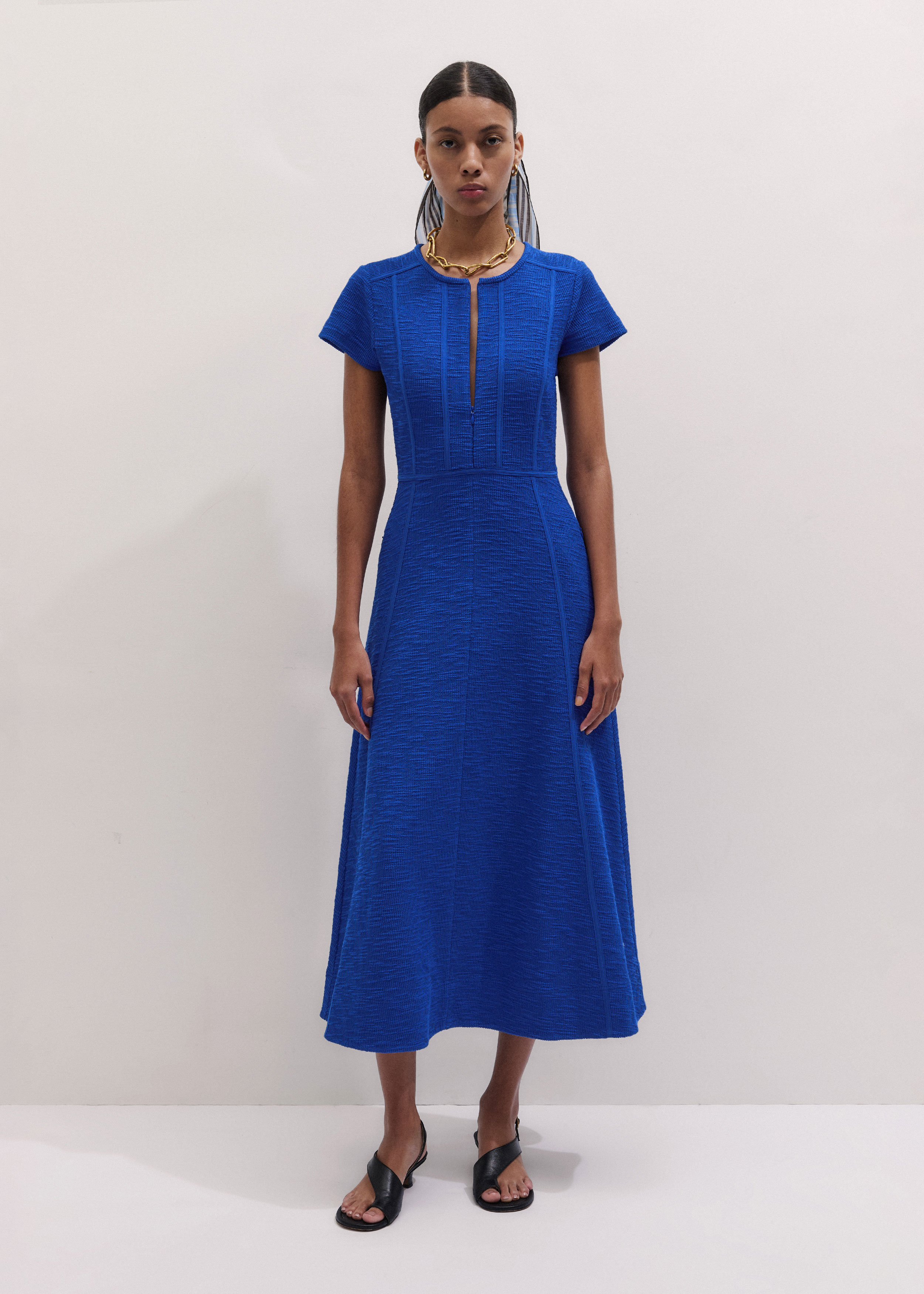 Me+em Fit-and-flare Short-sleeve Cotton-blend Maxi Dress - Deep Blue