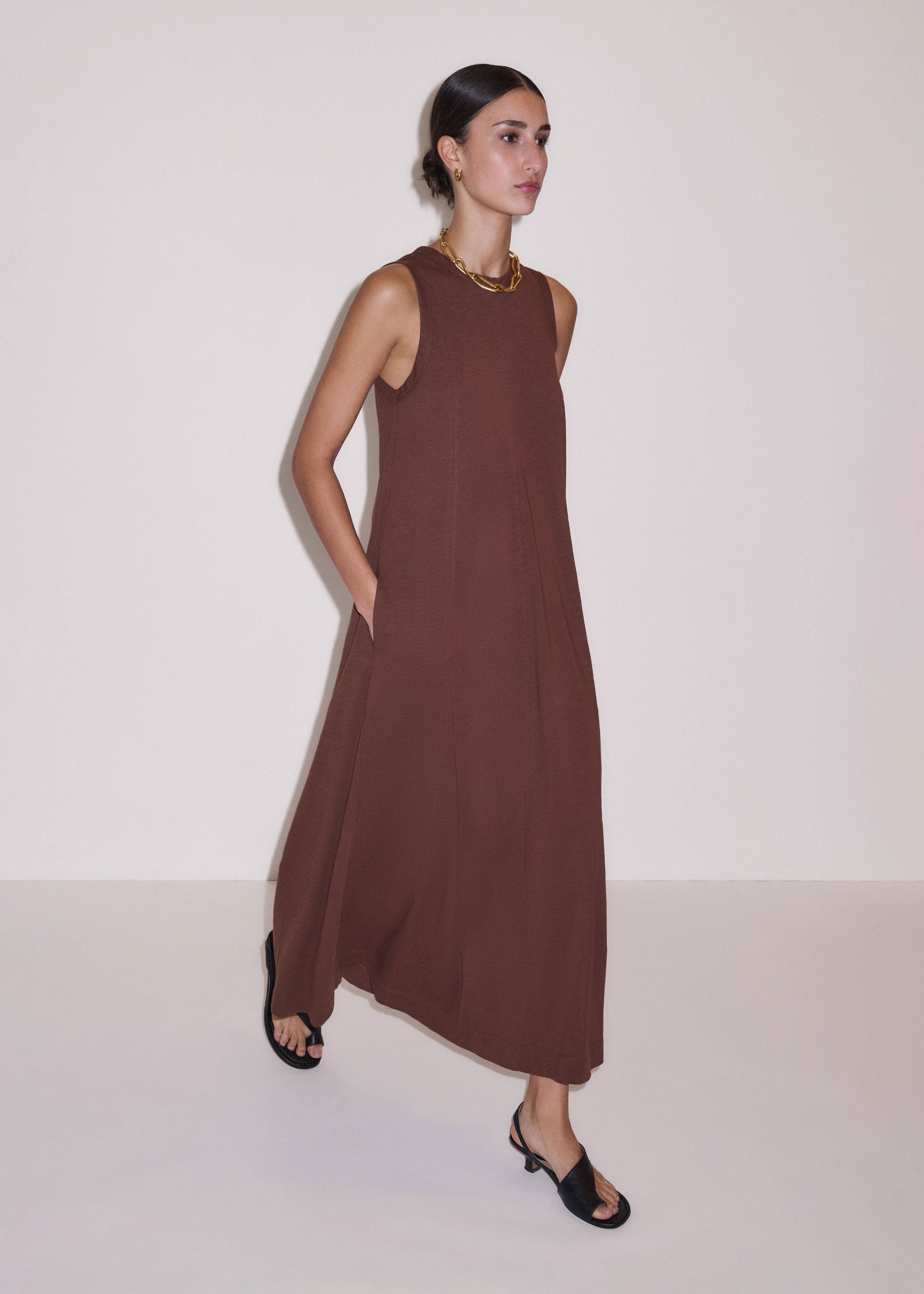 Me+em Slub Sleeveless Cotton Maxi Dress - Cinnamon Brown