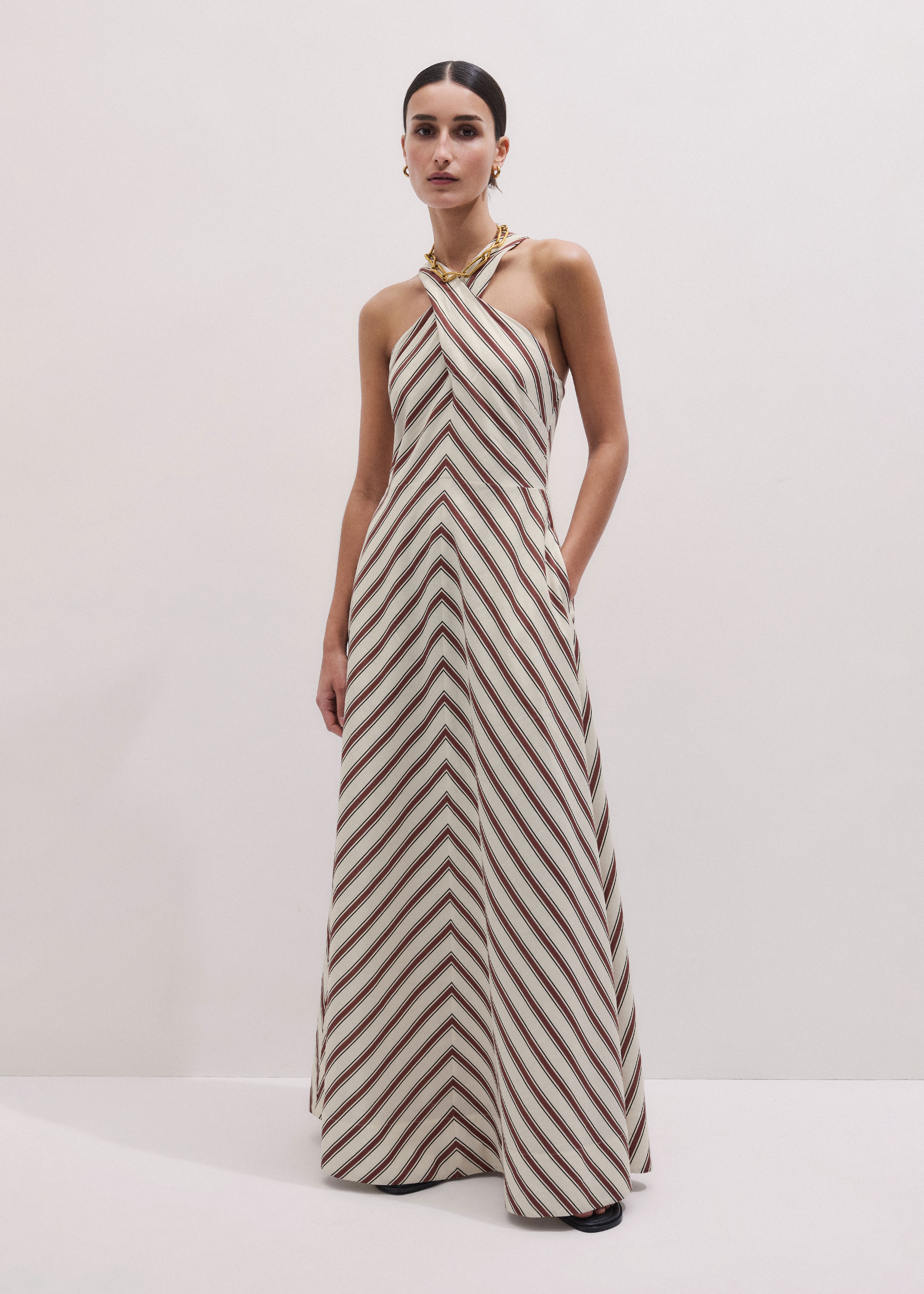 ME+EM Crease-less Linen Halter-neck Stripe Maxi Dress Light Cream Multi - Women's - Crease-less Linen - Size US 6