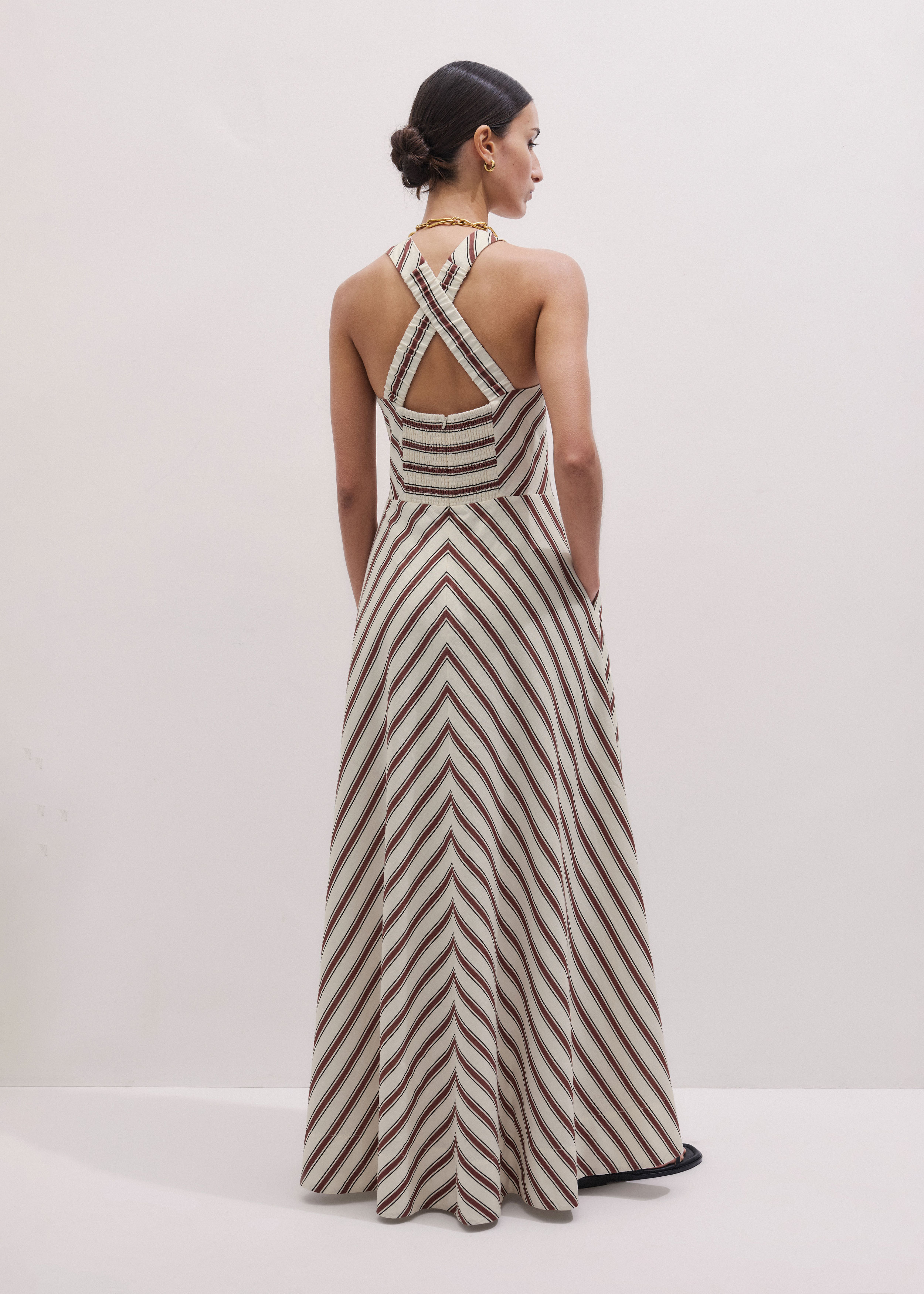 ME+EM Crease-less Linen Halter-neck Stripe Maxi Dress Light Cream Multi - Women's - Crease-less Linen - Size US 6