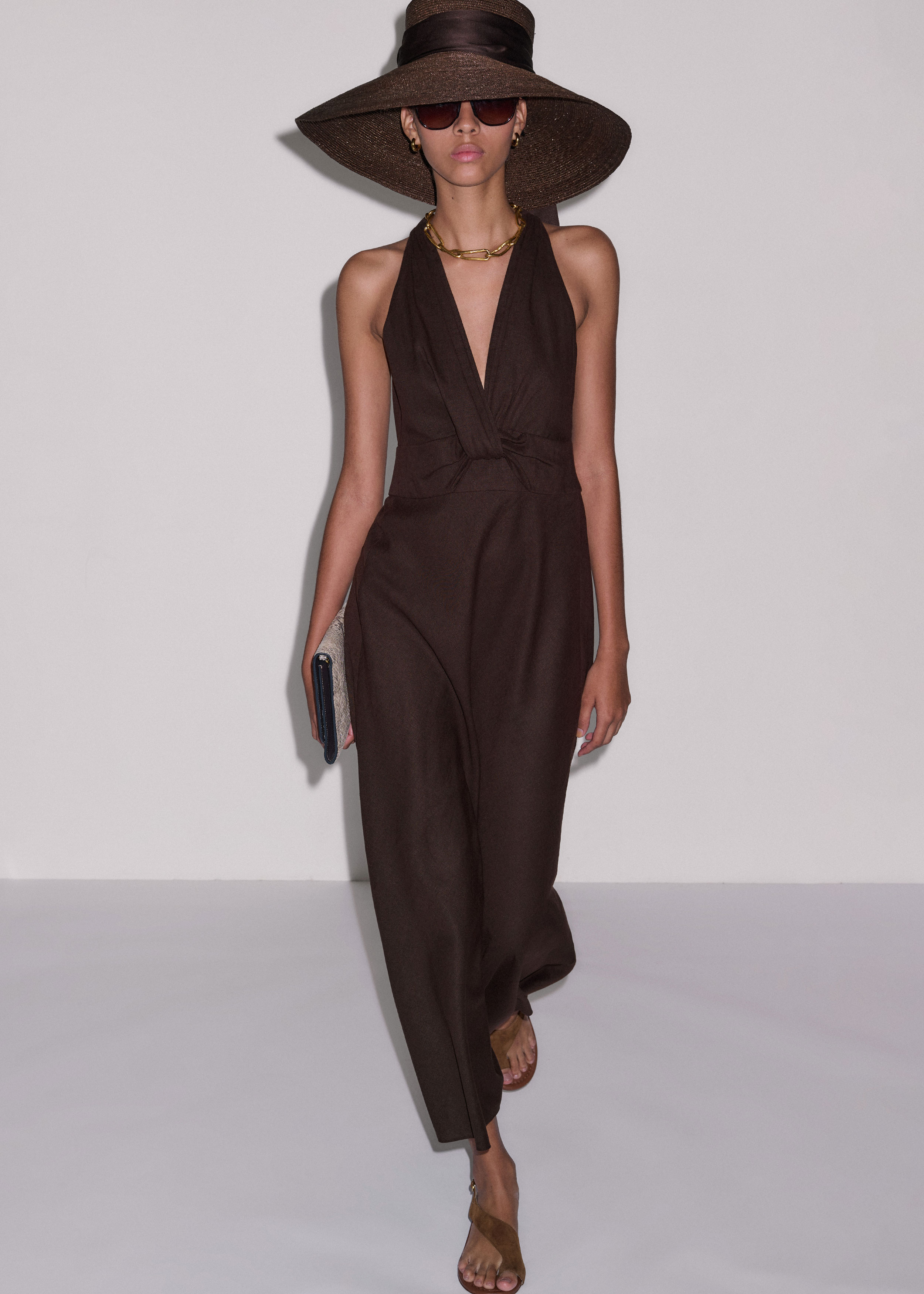 Women's Brown Crease-Less Linen Twist Front Maxi Dress | ME+EM