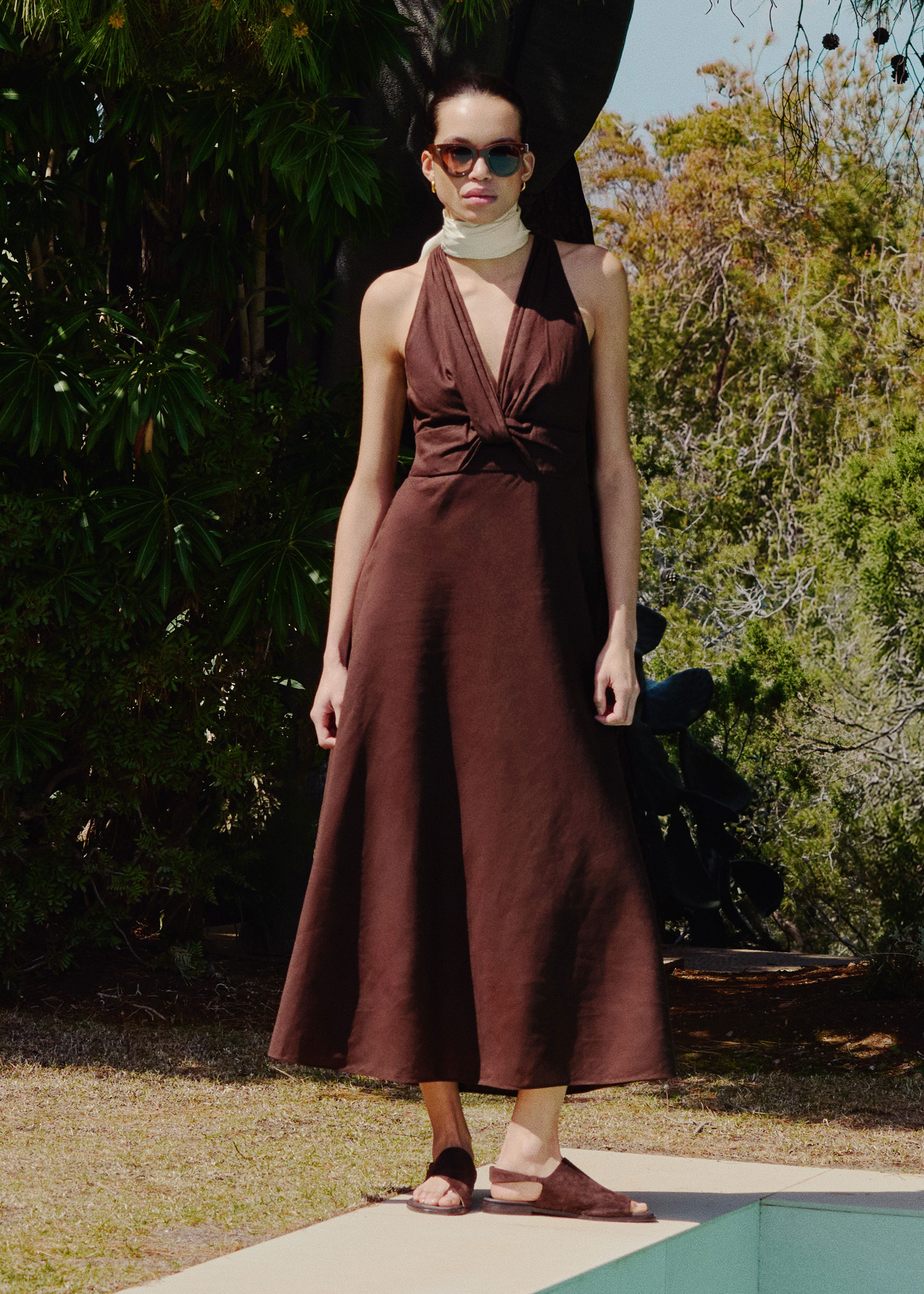 Women's Brown Crease-Less Linen Twist Front Maxi Dress | ME+EM Women's Brown Crease-Less Linen Twist Front Maxi Dress | ME+EM