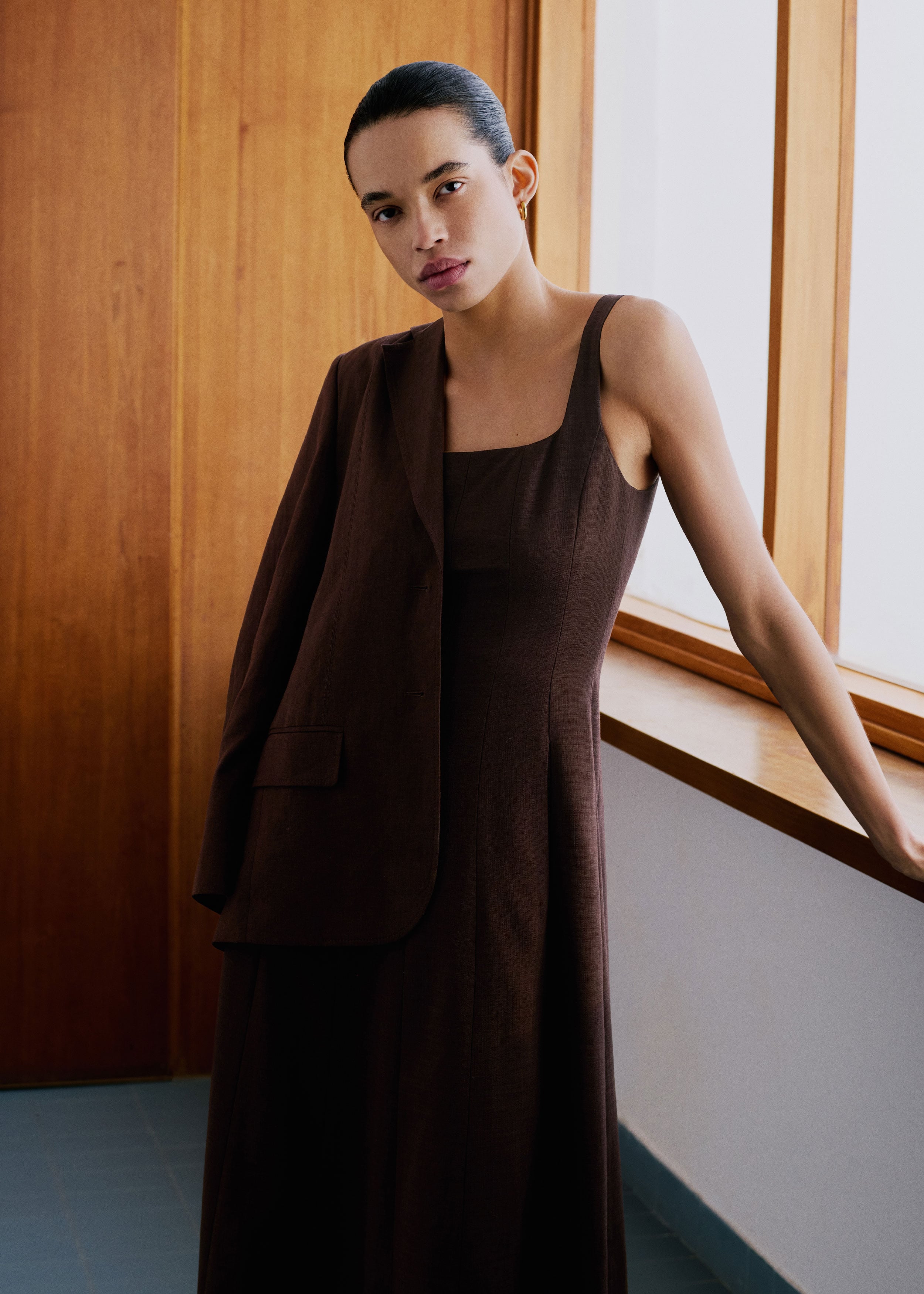 me and em brown dress ME+EM Ponte Collared Cord Velour Midi Dress