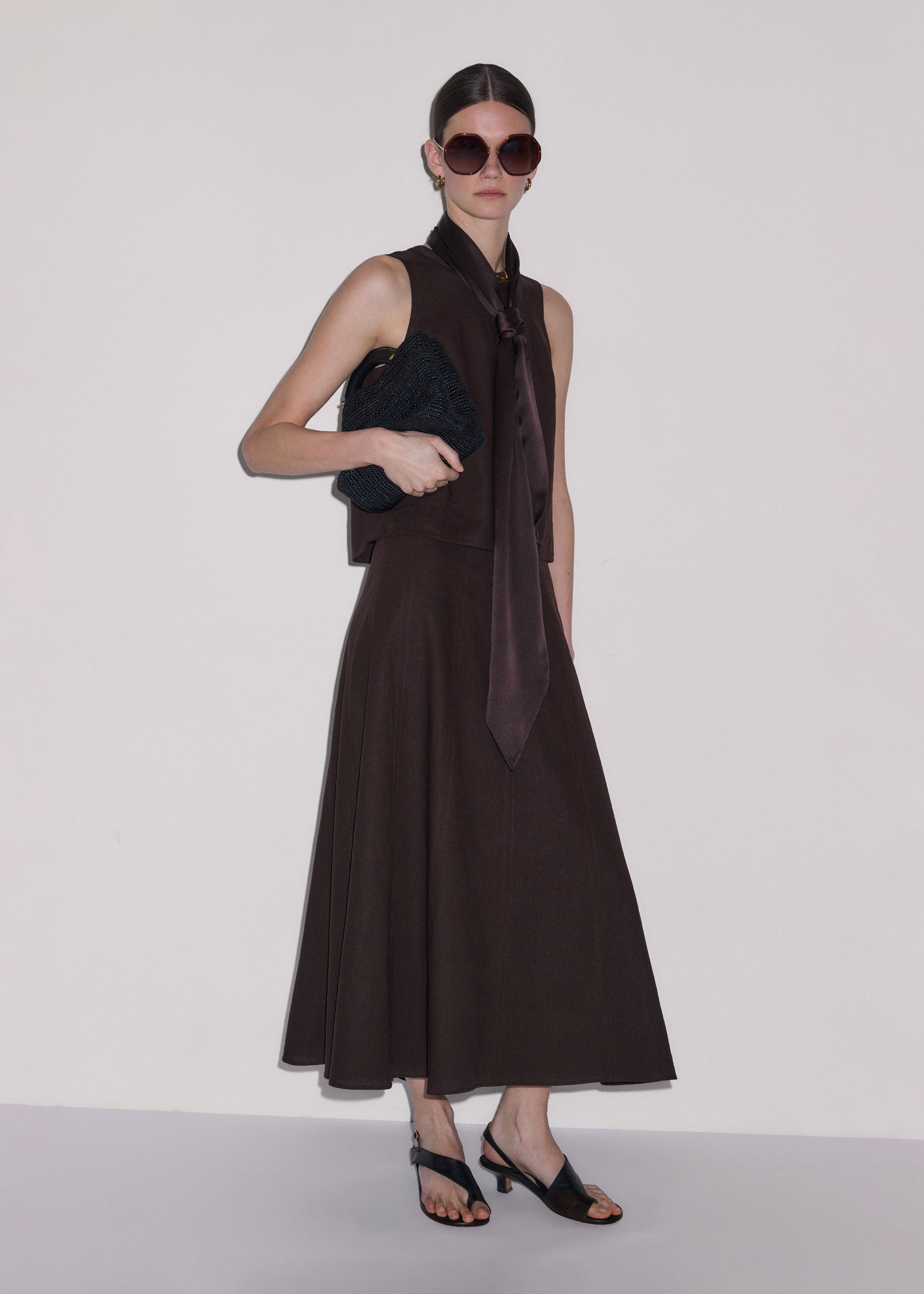 Me+em Crease-less Linen Panelled Maxi Skirt Cocoa Brown