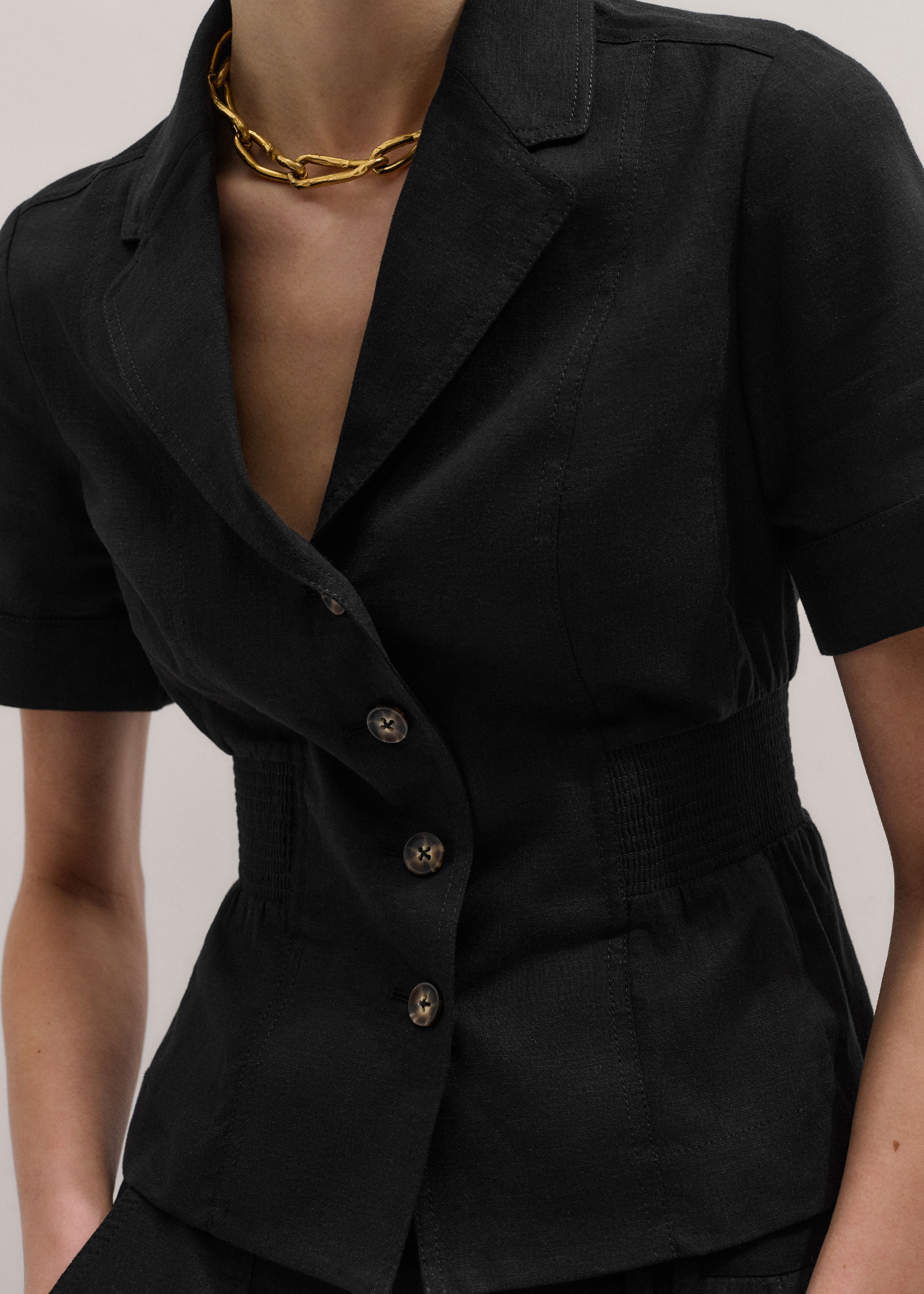 Me+em Crease-less Linen Shirred Waist Tailored Top Black