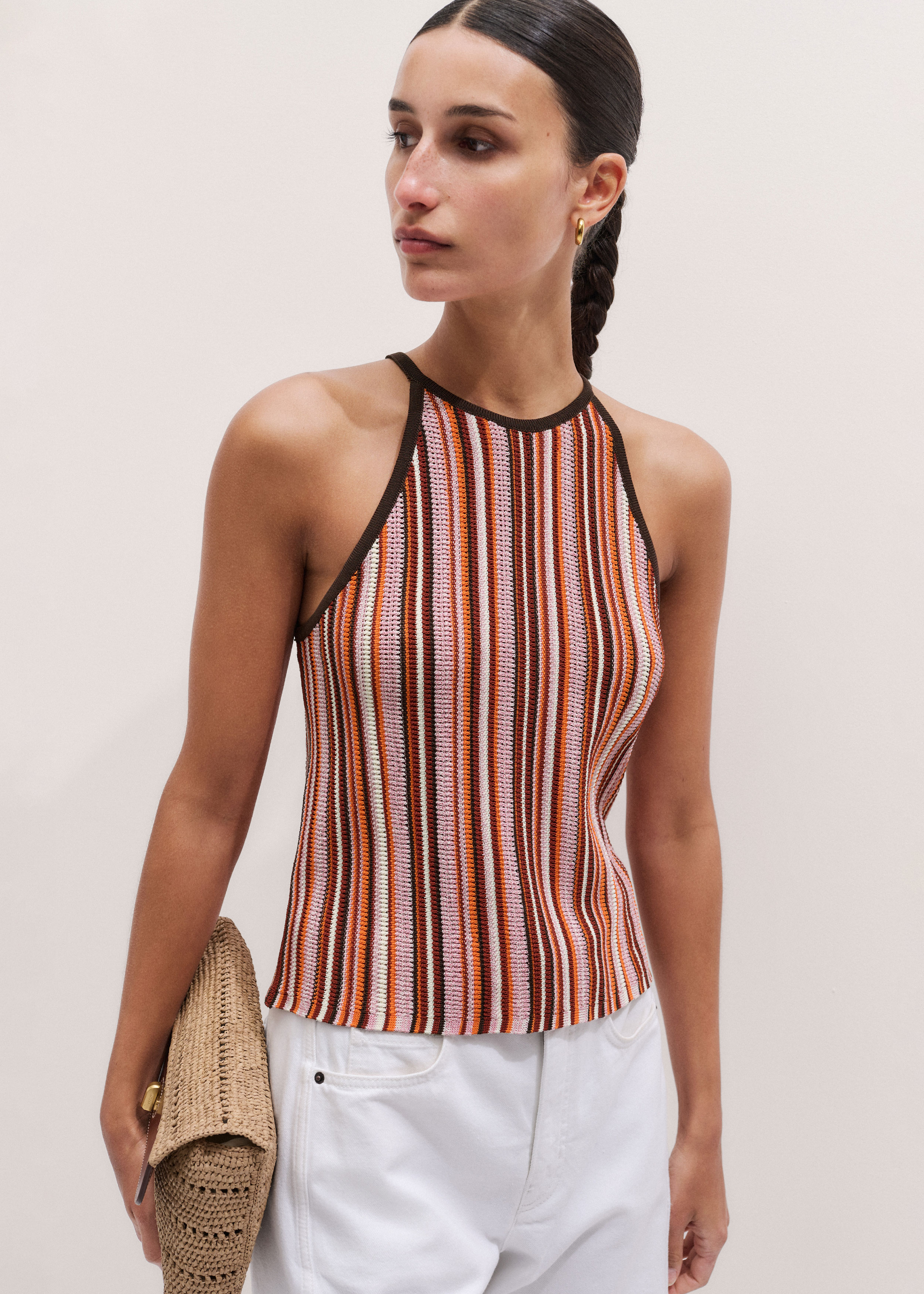 Women's Cinnamon Brown Stripe Slim Knit Tank | ME+EM