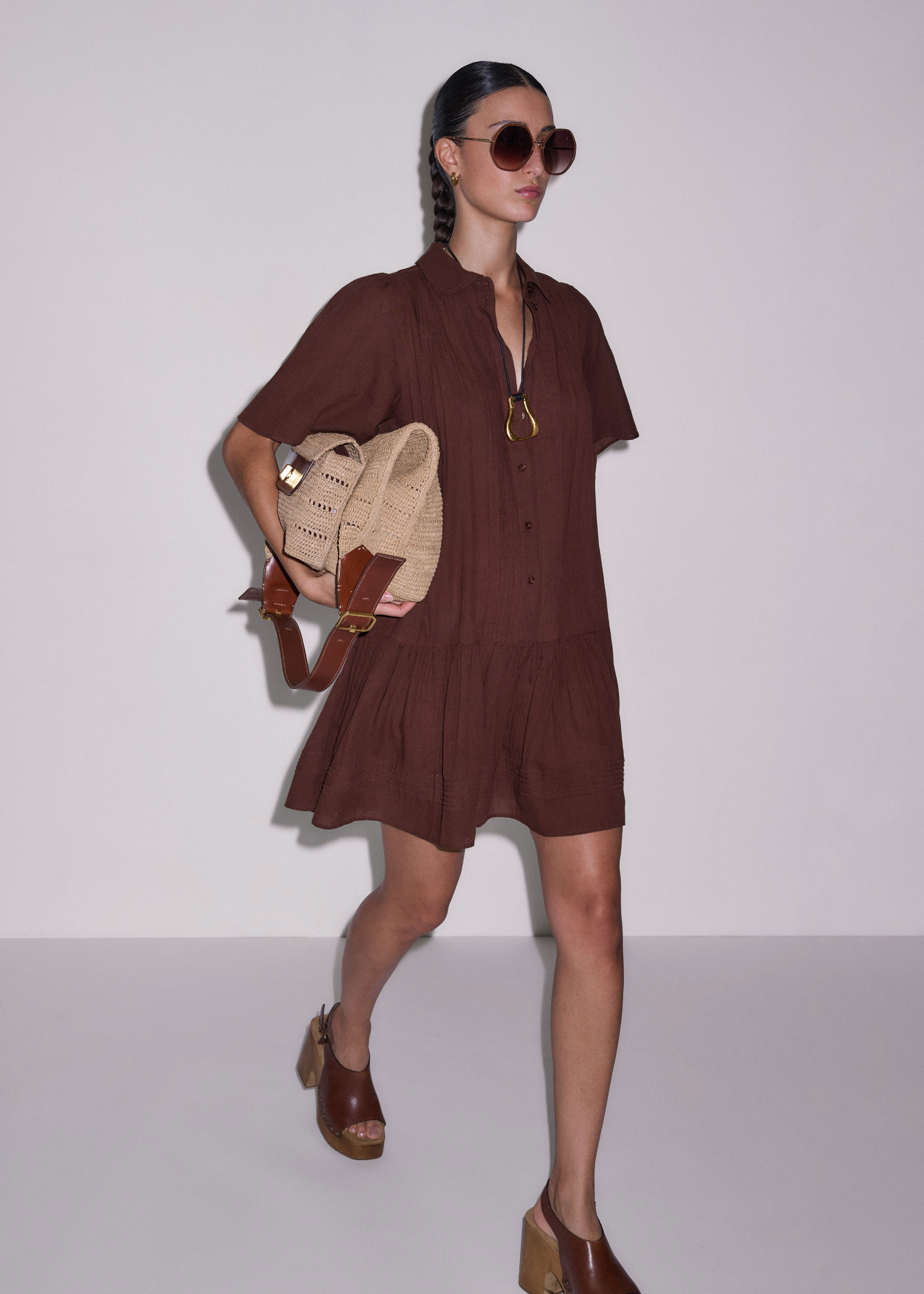 brown swing dress Elegant Shawl Collar Midi Dress | 3/4 Sleeve Fit & Flare Cocktail Dress  | 1950s Vintage Style A-Line Swing Gown for Wedding Guest Formal Event main image 0