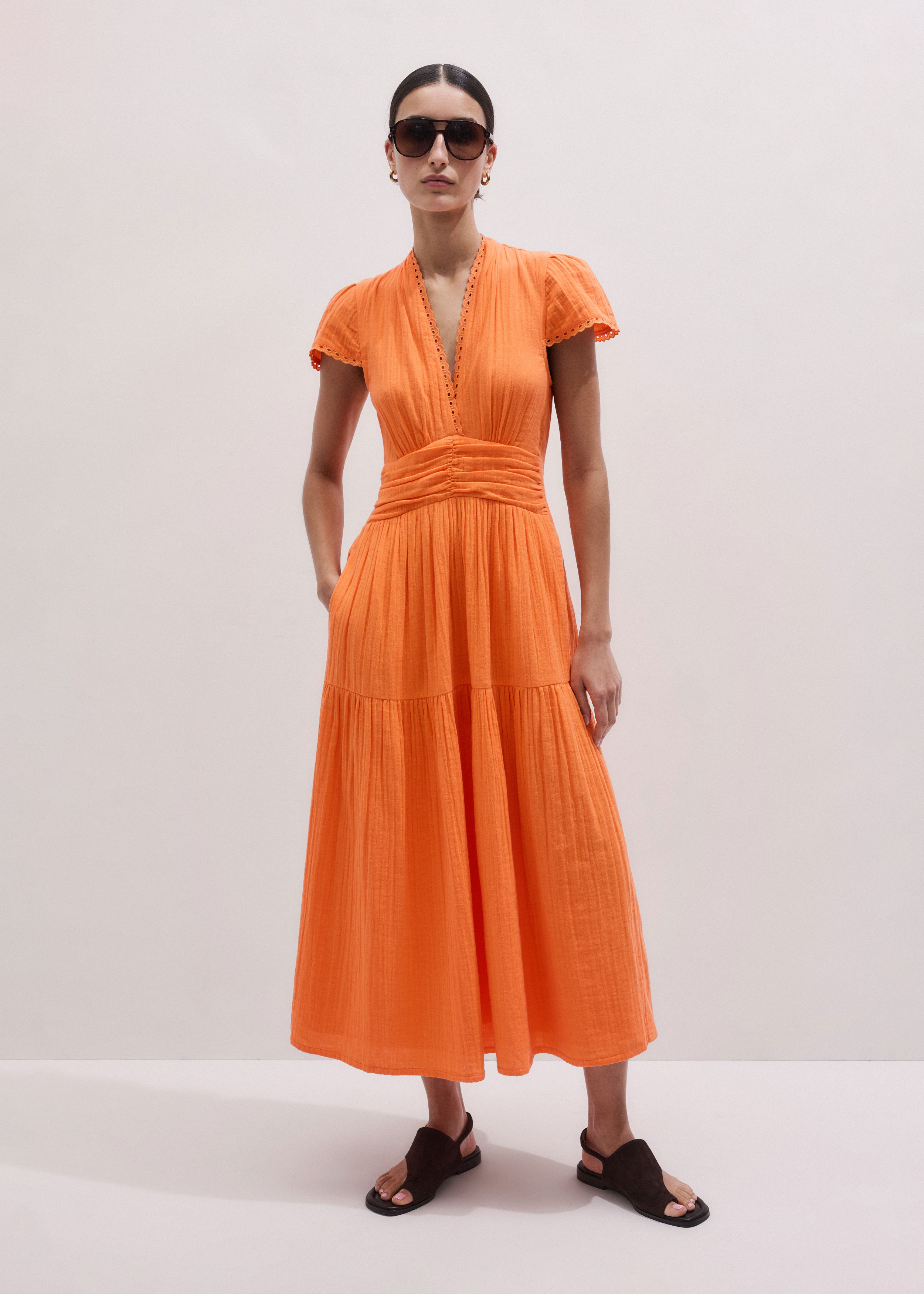 Women's Orange Cheesecloth Fit + Flare Maxi Dress | ME+EM