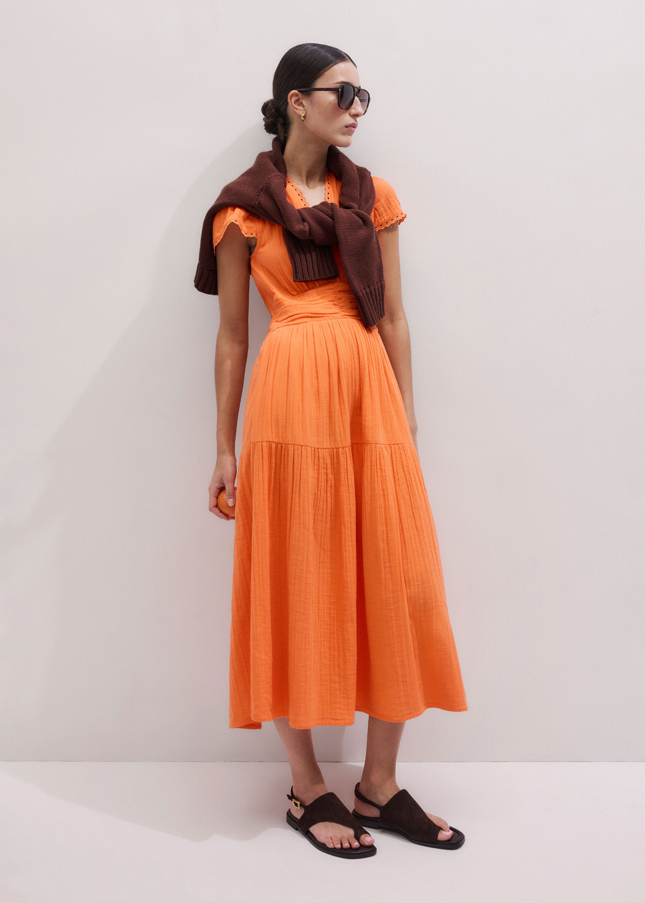 fit and flare orange dress Orange Border Print Fit and Flare Knee Length Dress