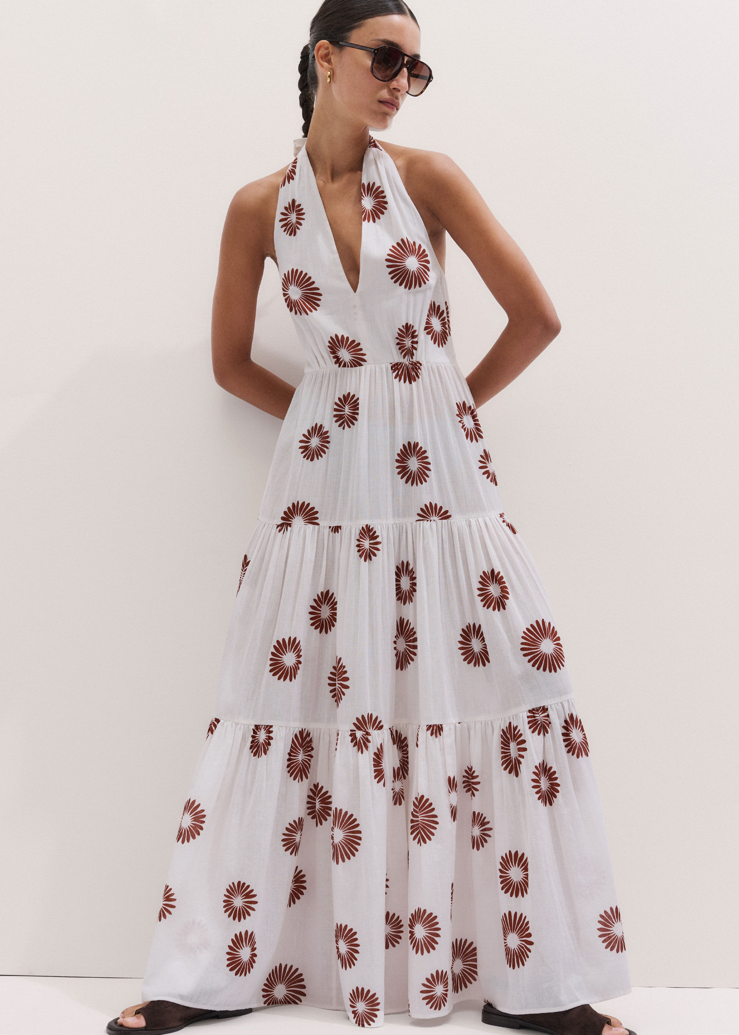 ME+EM Cotton Voile Floral Maxi Dress - Soft White/cinnamon Brown