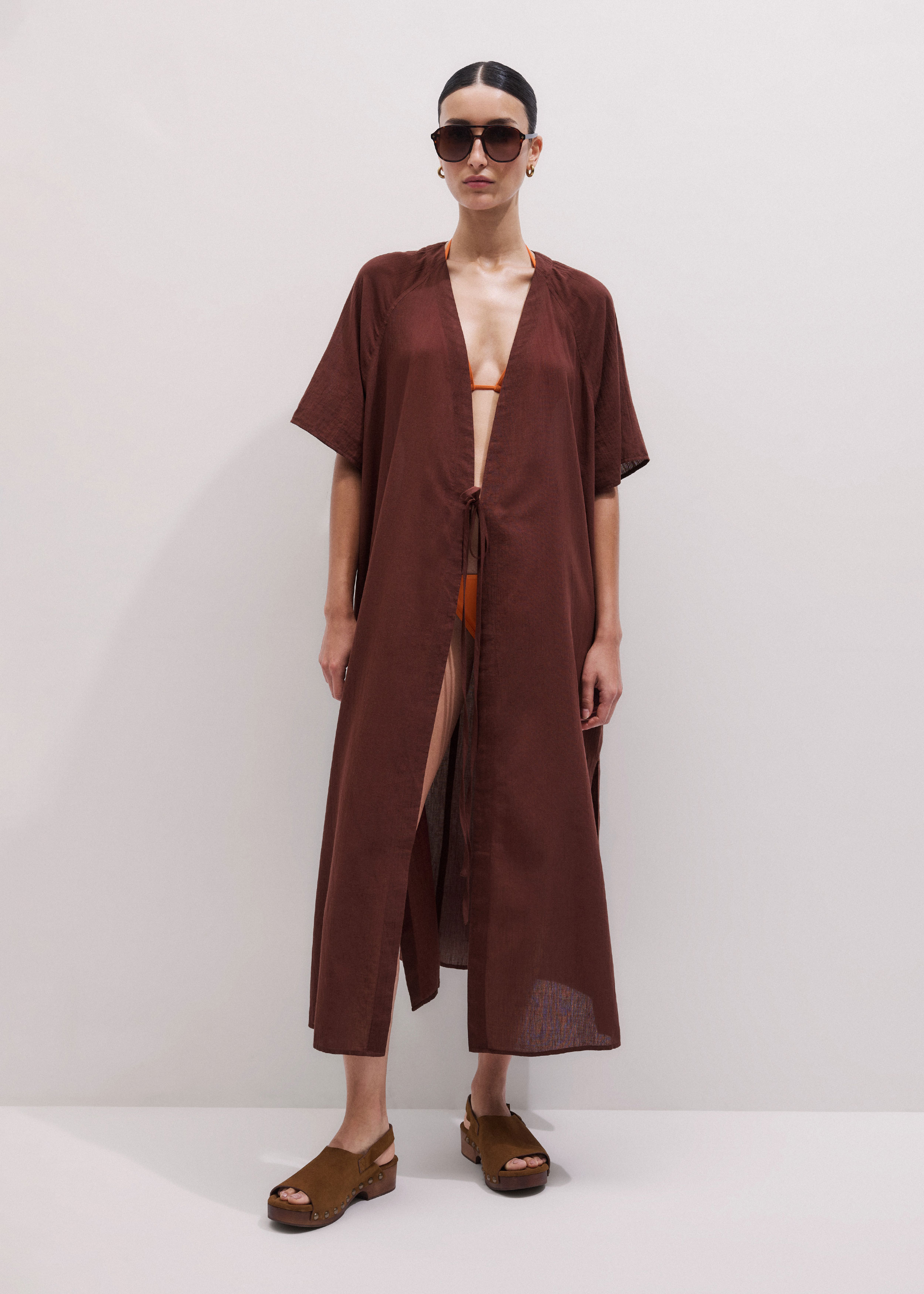 brown cover up dress Textured V-Neck Mini Cover-Up Dress with Pockets for Beach