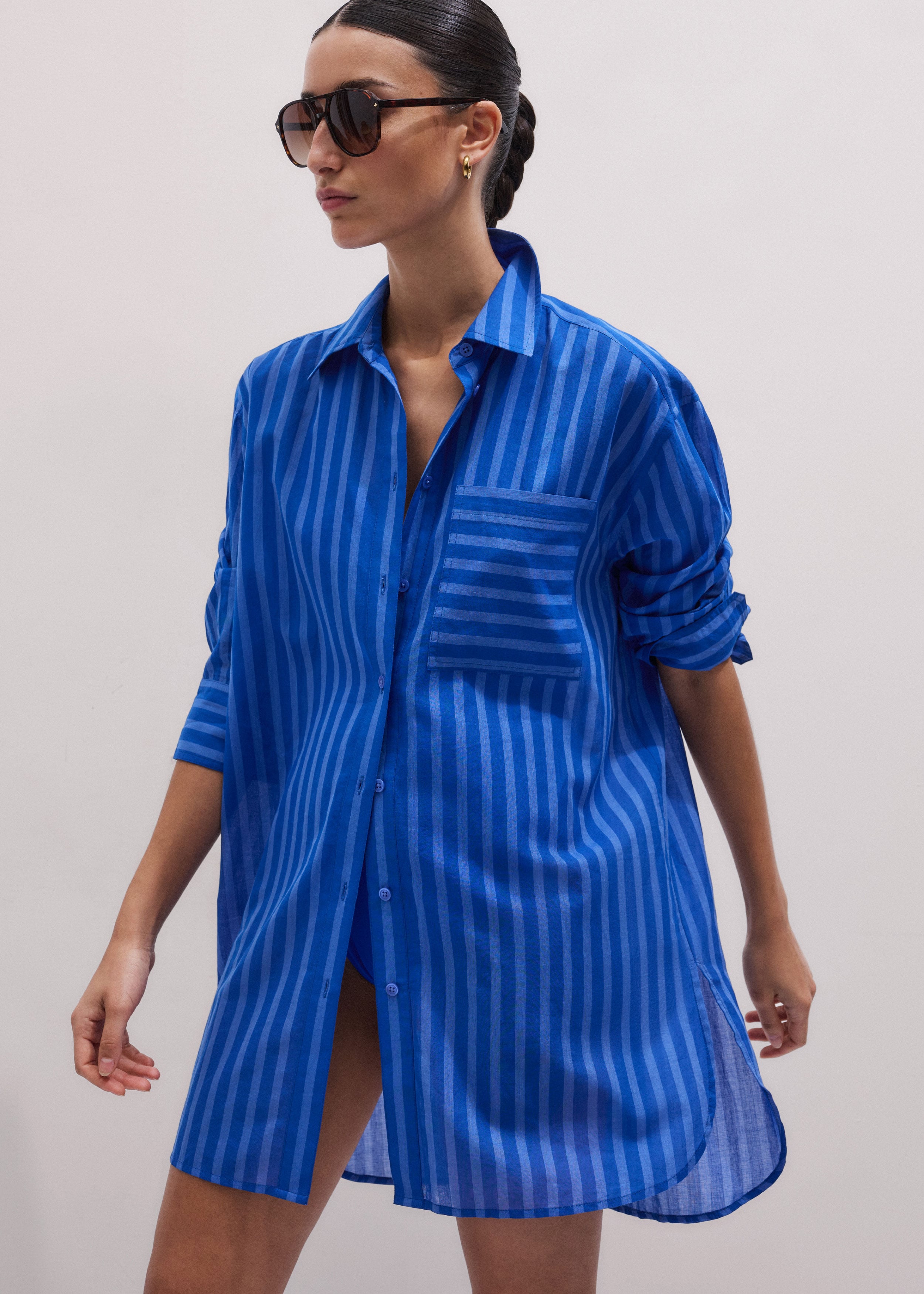 me and em beach midi shirt dress Women's Blue Striped Set Calf Width:18.5 in long sleeves evening dresses Crochet Halter Neck Maxi Exposed button fastenings at