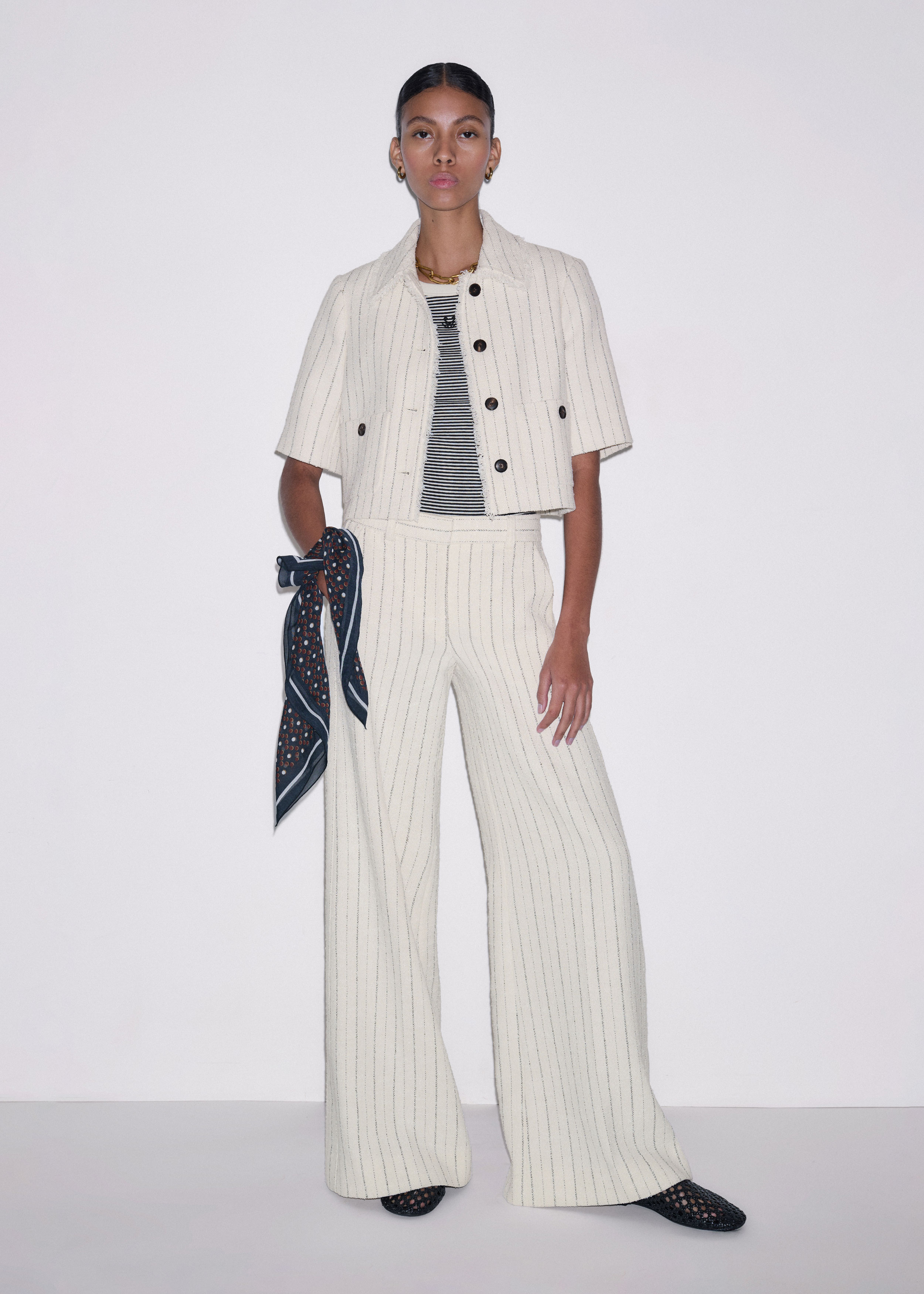 Women's Ivory Stripe Crop Jacket Set | ME+EM