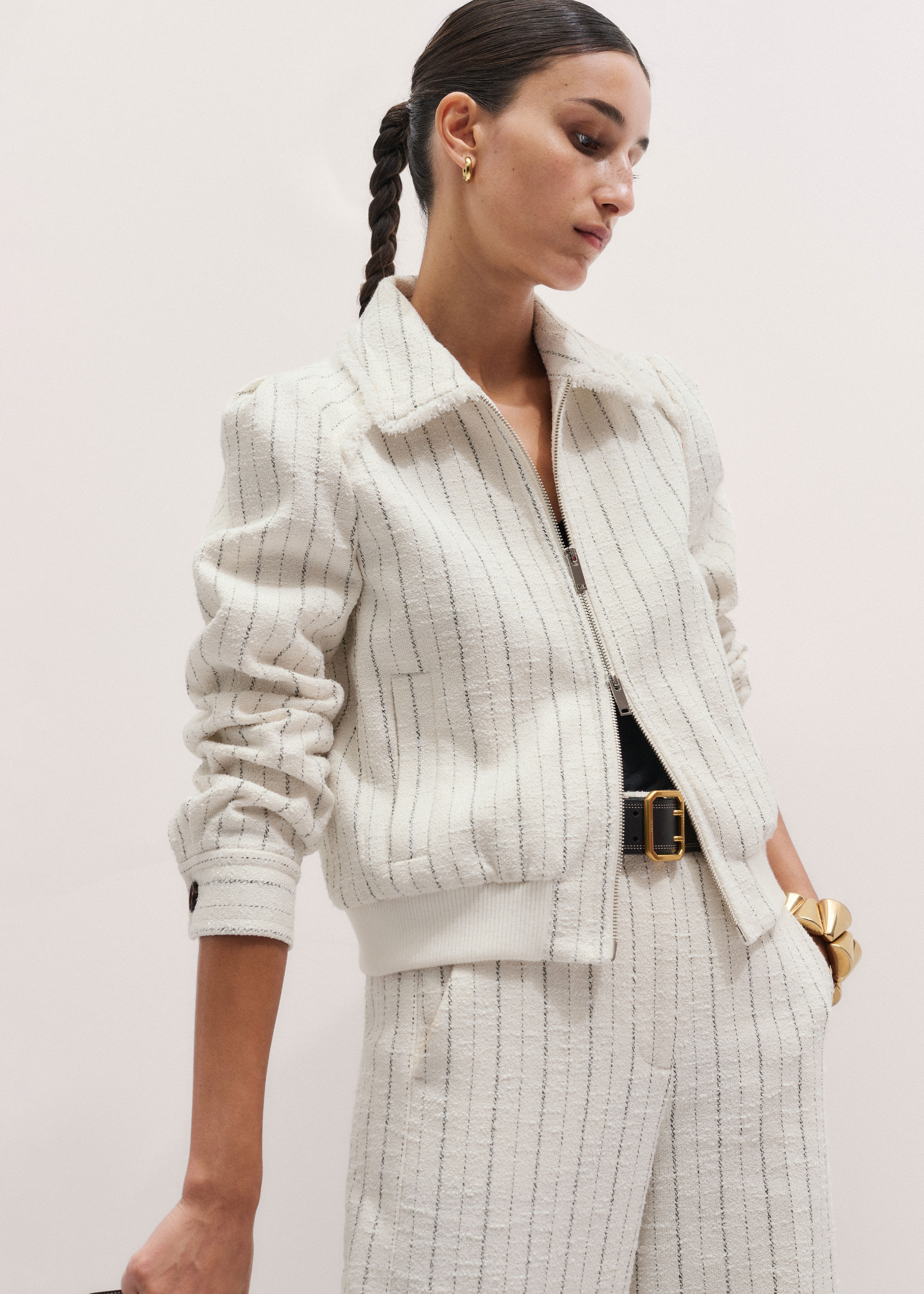 Women's Ivory Stripe Crop Jacket Set | ME+EM