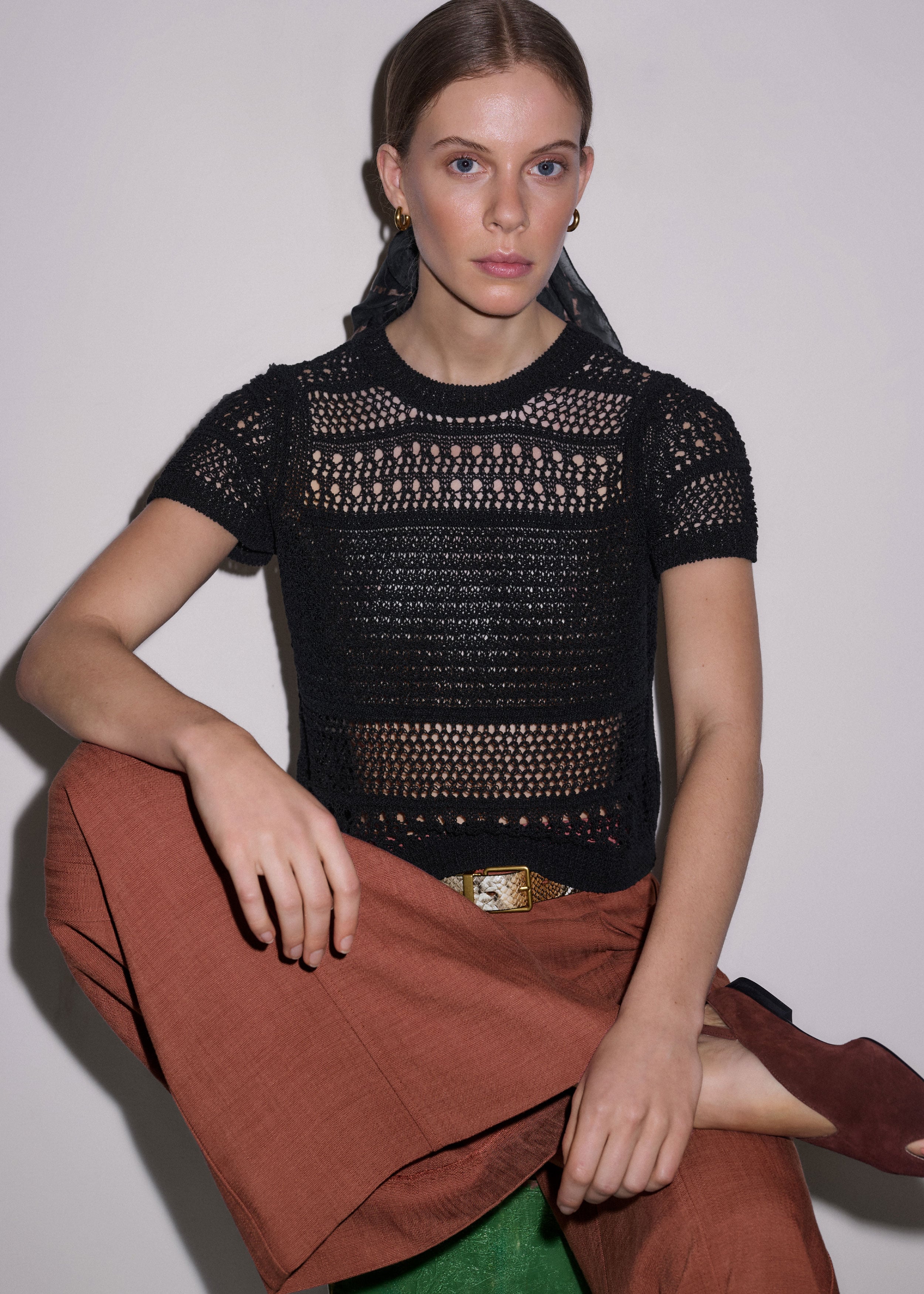 Women's Black Open-Stitch Baby Tee | ME+EM