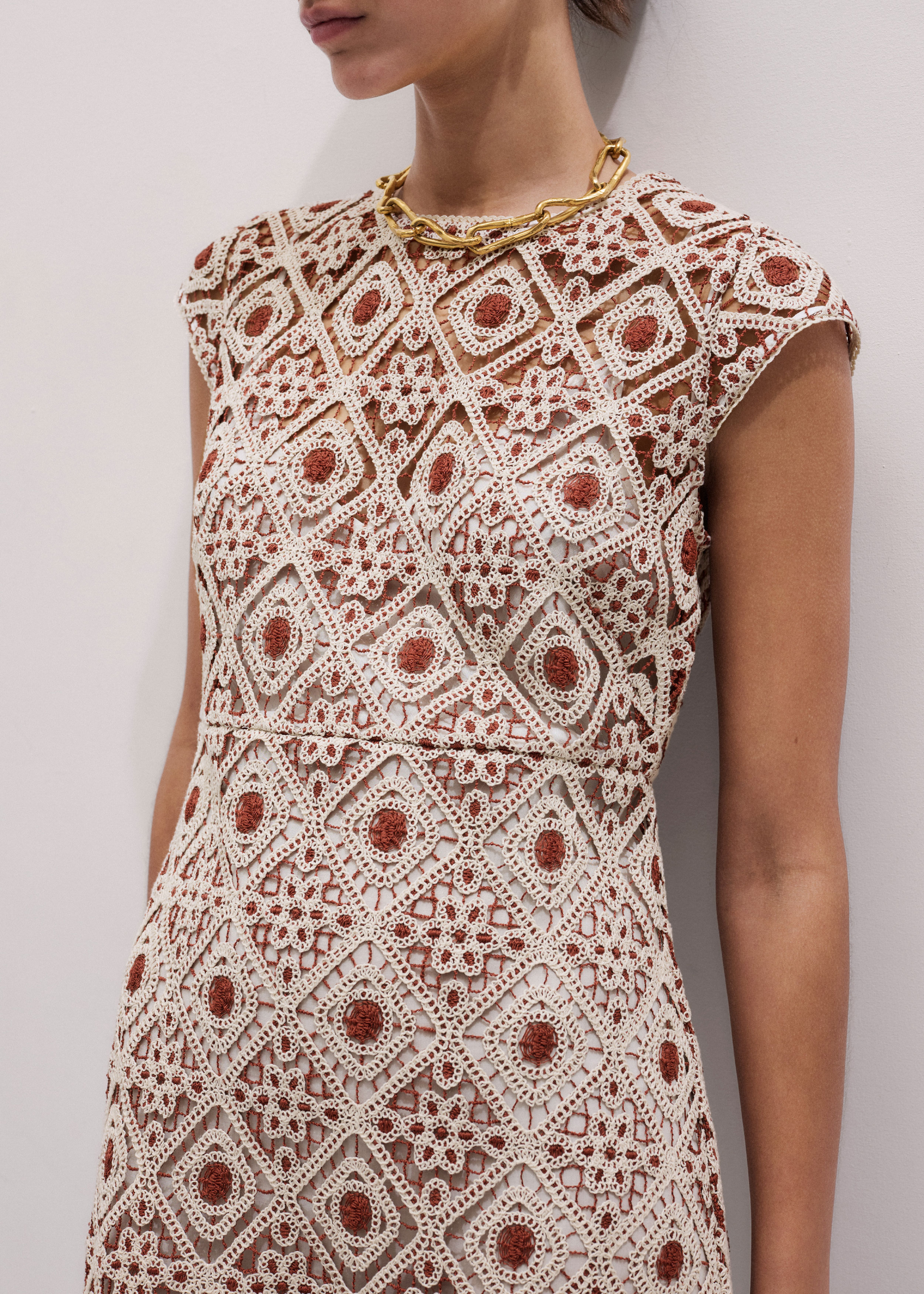me and em crochet dress ME+EM Crochet Stripe Panelled Midi Dress in Natural