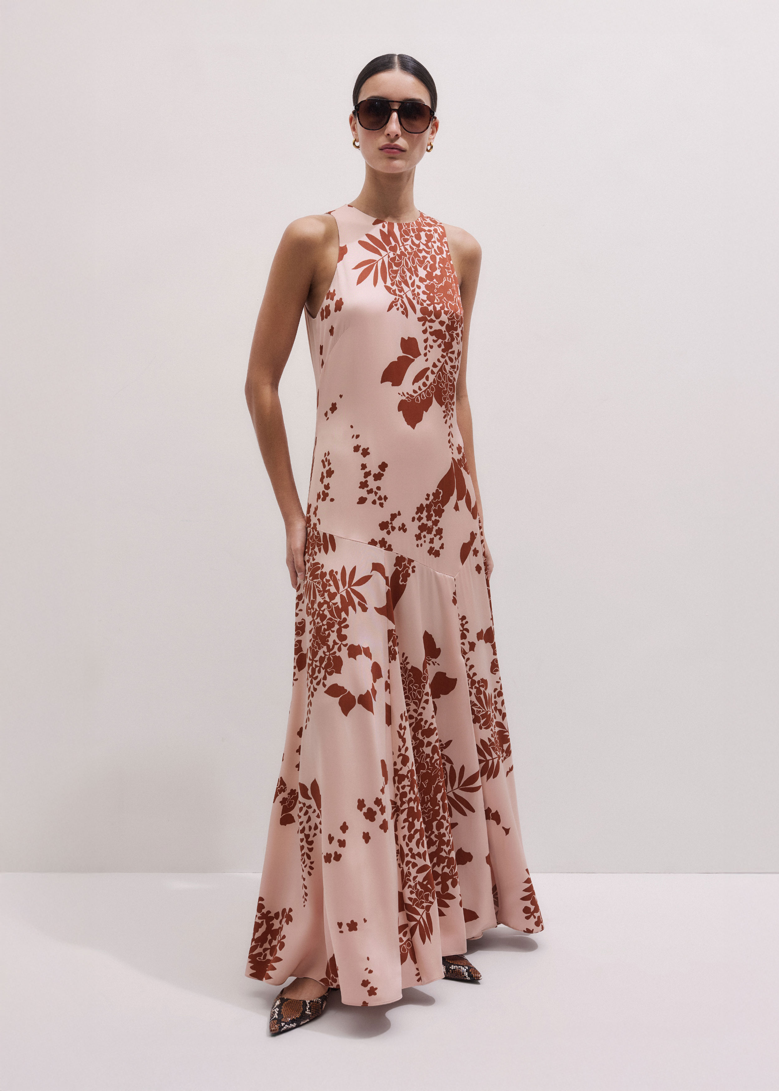 me and em pink dress ME+EM Silk Satin Draping Wisteria Print Full Length Dress + Tie Pink-cinnamon Brown - Women's - Silk Satin