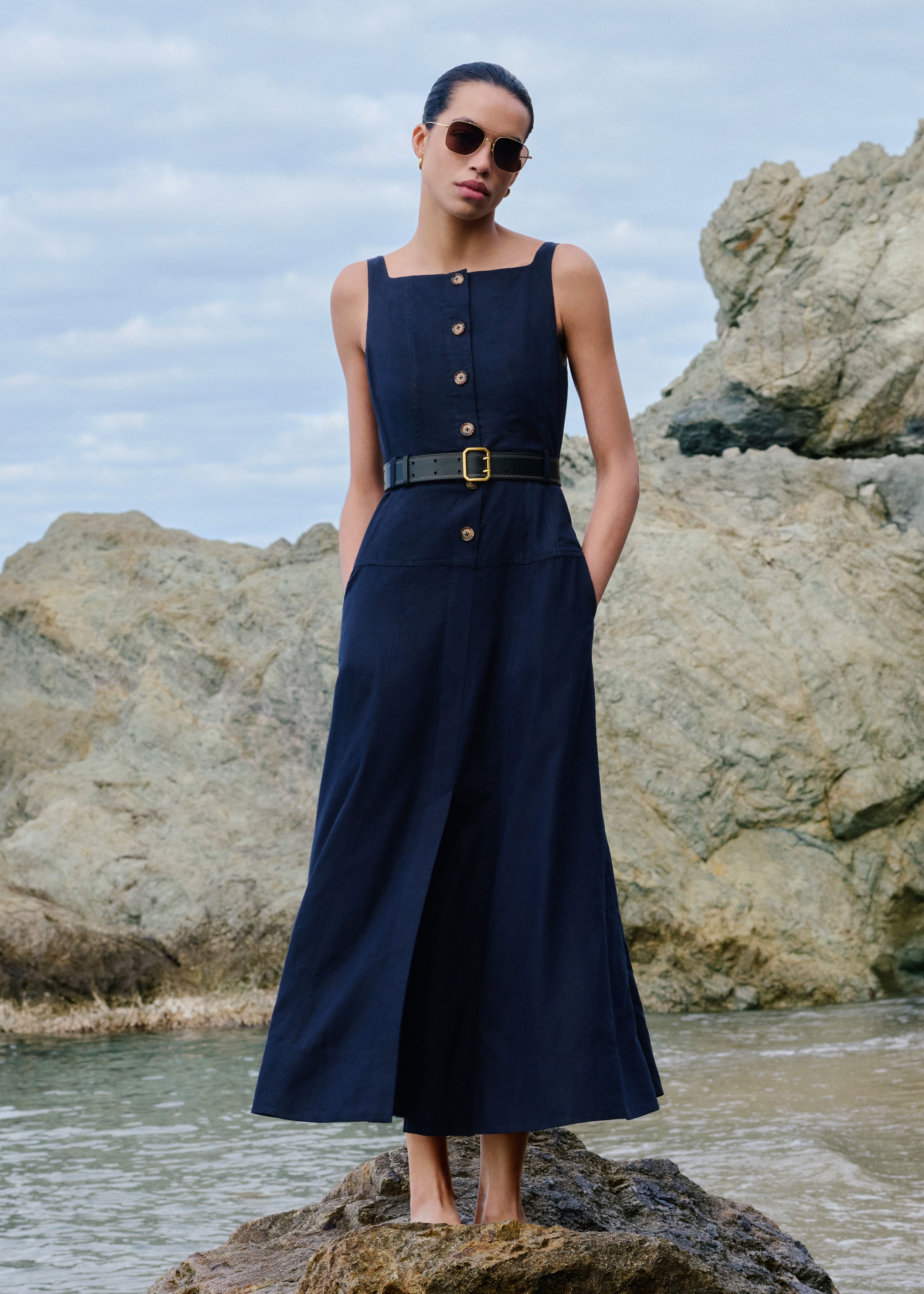 Women's Navy Crease-Less Linen Button Front Maxi Dress | ME+EM